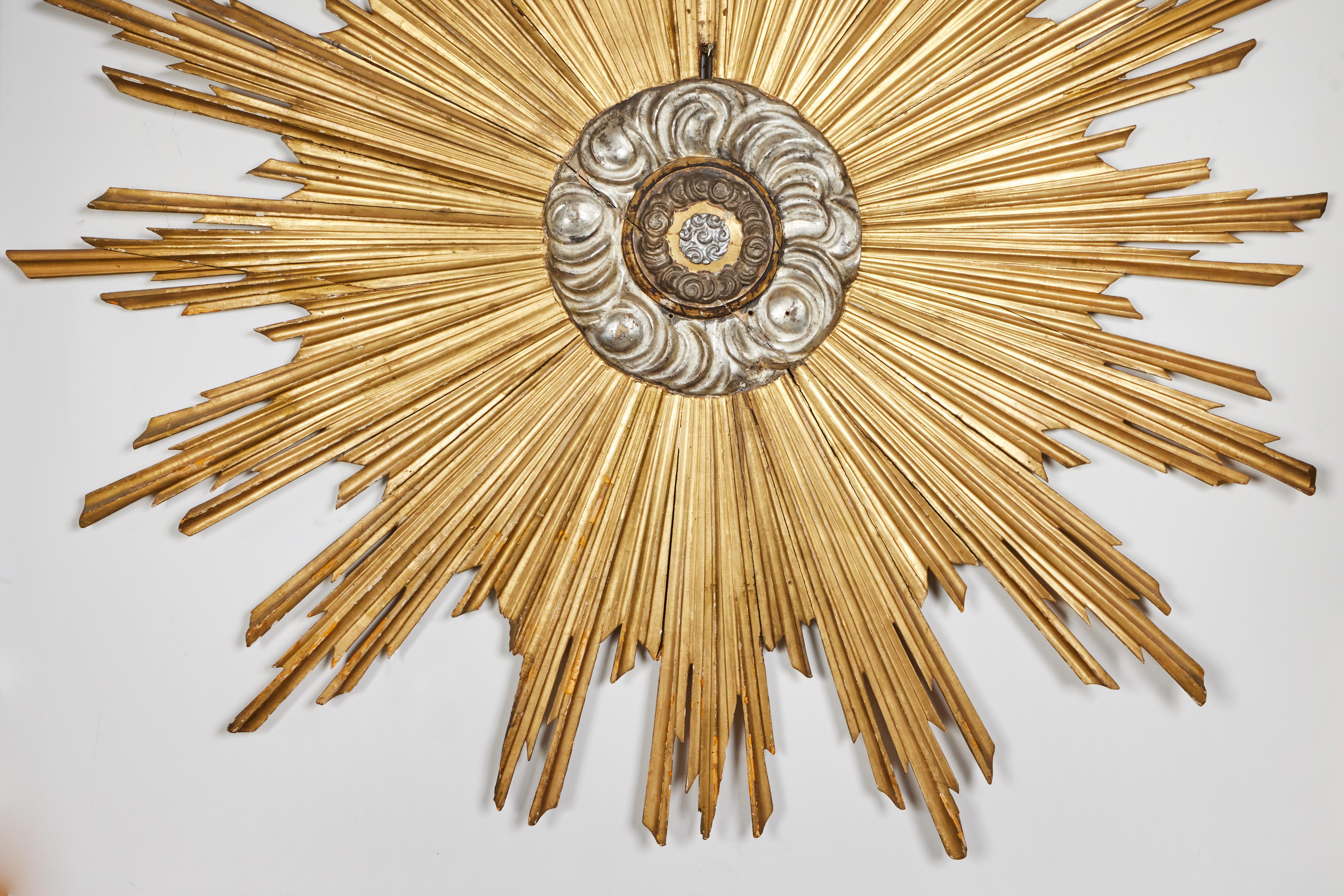Hand-Carved Gold and Silver Gilded, Antique Sunburst