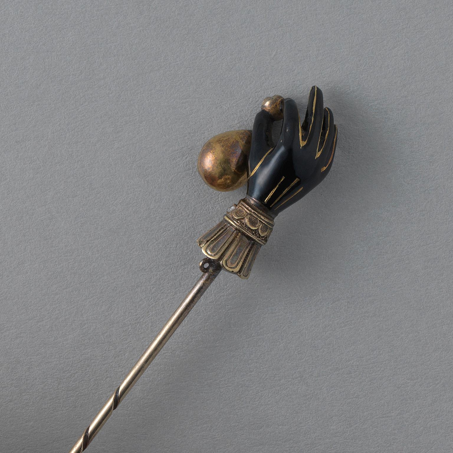 Renaissance Revival Gold and Silver Gloved Black Enamel Hand Stickpin Holding a Rose Cut Diamond
