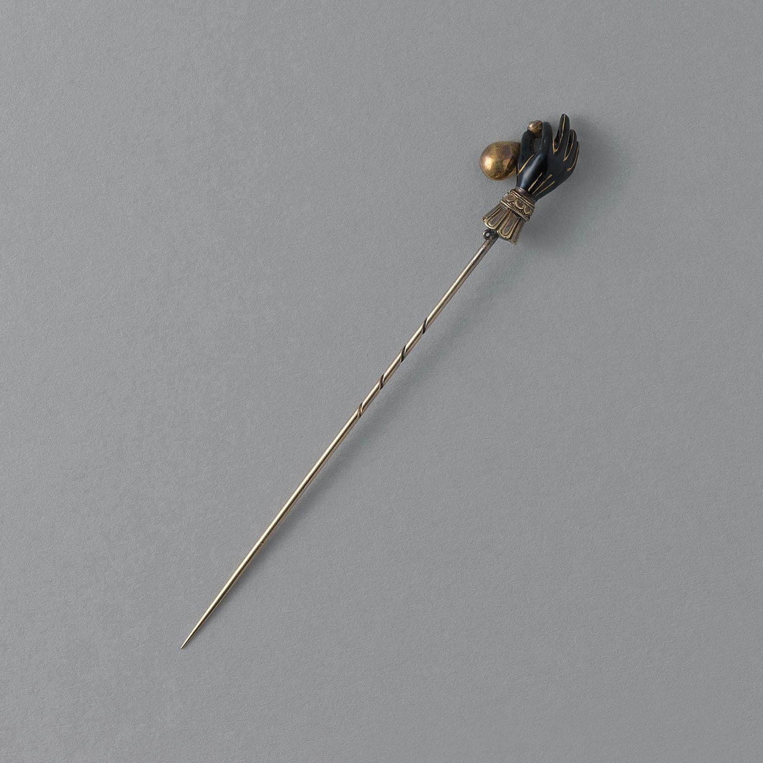 Gold and Silver Gloved Black Enamel Hand Stickpin Holding a Rose Cut Diamond In Good Condition In Amsterdam, NL