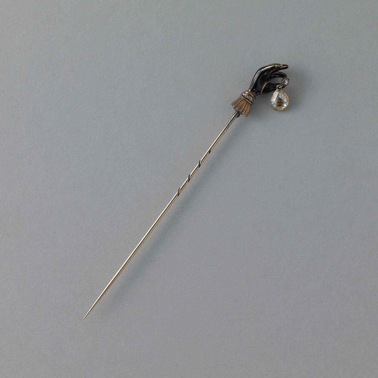 Women's or Men's Gold and Silver Gloved Black Enamel Hand Stickpin Holding a Rose Cut Diamond