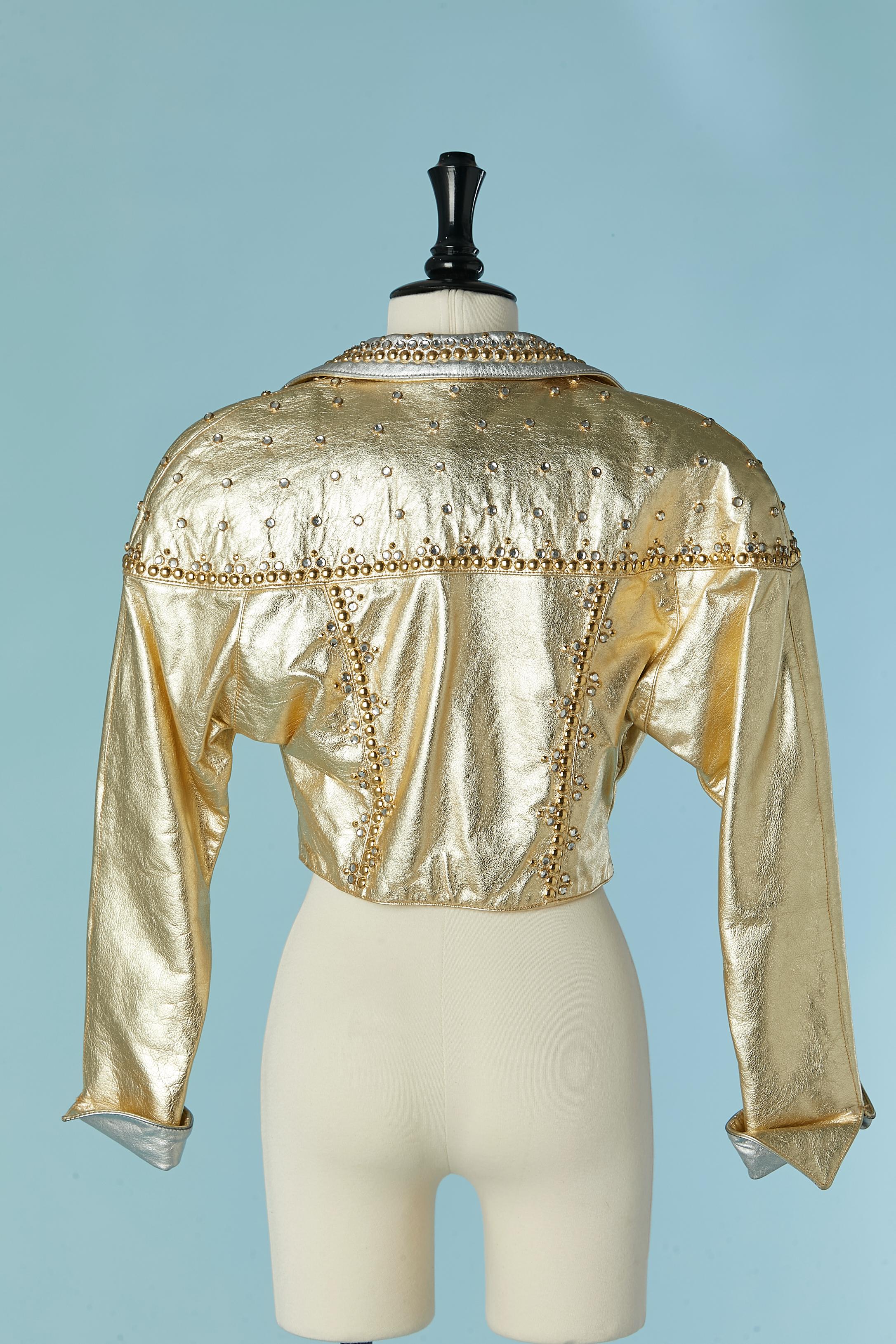 Donna Giacca in pelle oro e argento con borchie e strass Posé in vendita