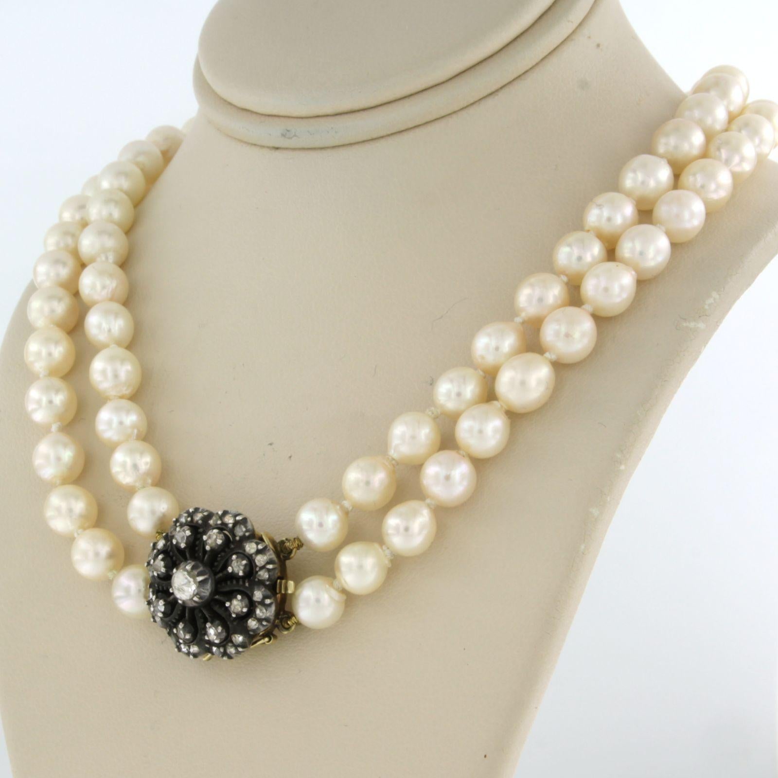 Rose Cut Gold and silver lock set with diamonds on a pearl bead necklace
