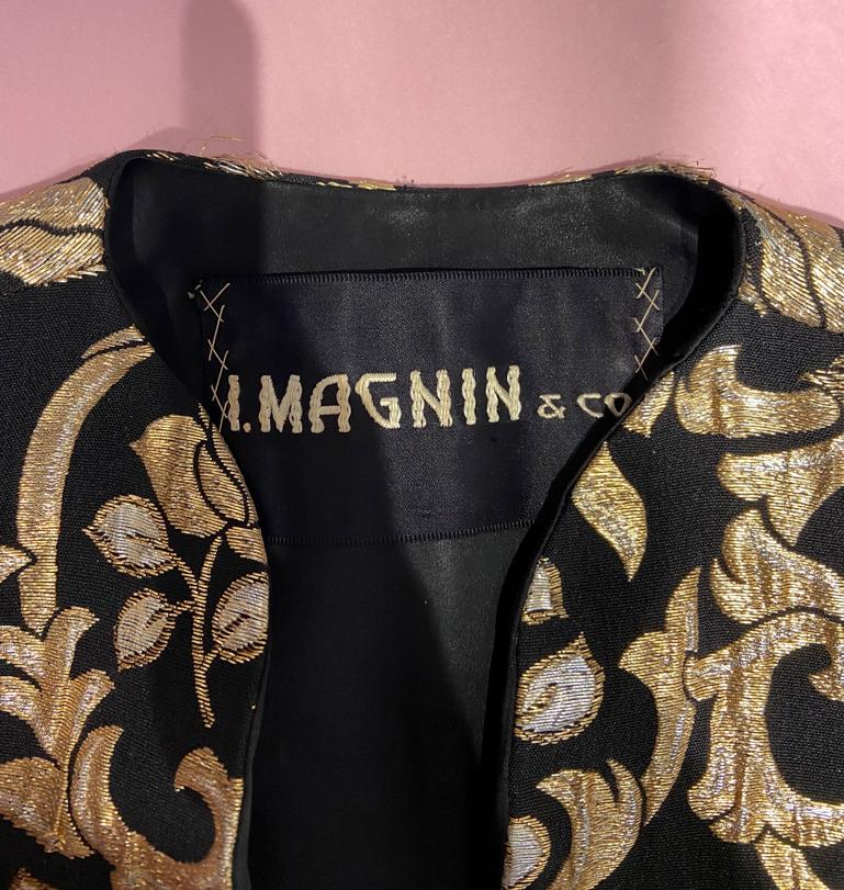 Gold and silver lurex brocade on black background evening coat I.Magnin & Co  For Sale 3