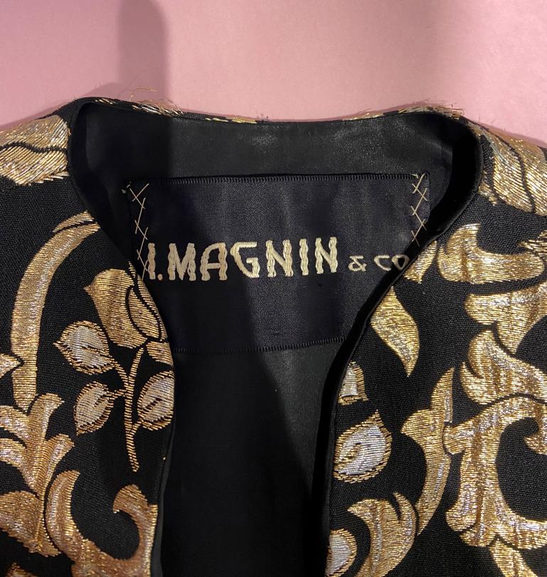 Gold and silver lurex brocade on black background evening coat I.Magnin & Co For Sale 2