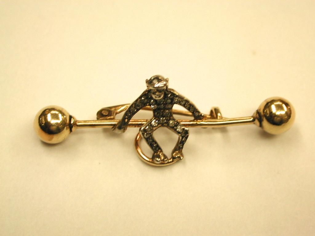 Victorian Gold and Silver Monkey Brooch Set with Diamonds, Dated circa 1900