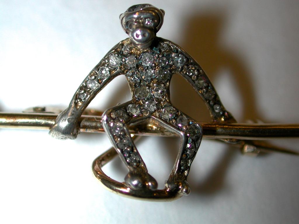 Women's Gold and Silver Monkey Brooch Set with Diamonds, Dated circa 1900