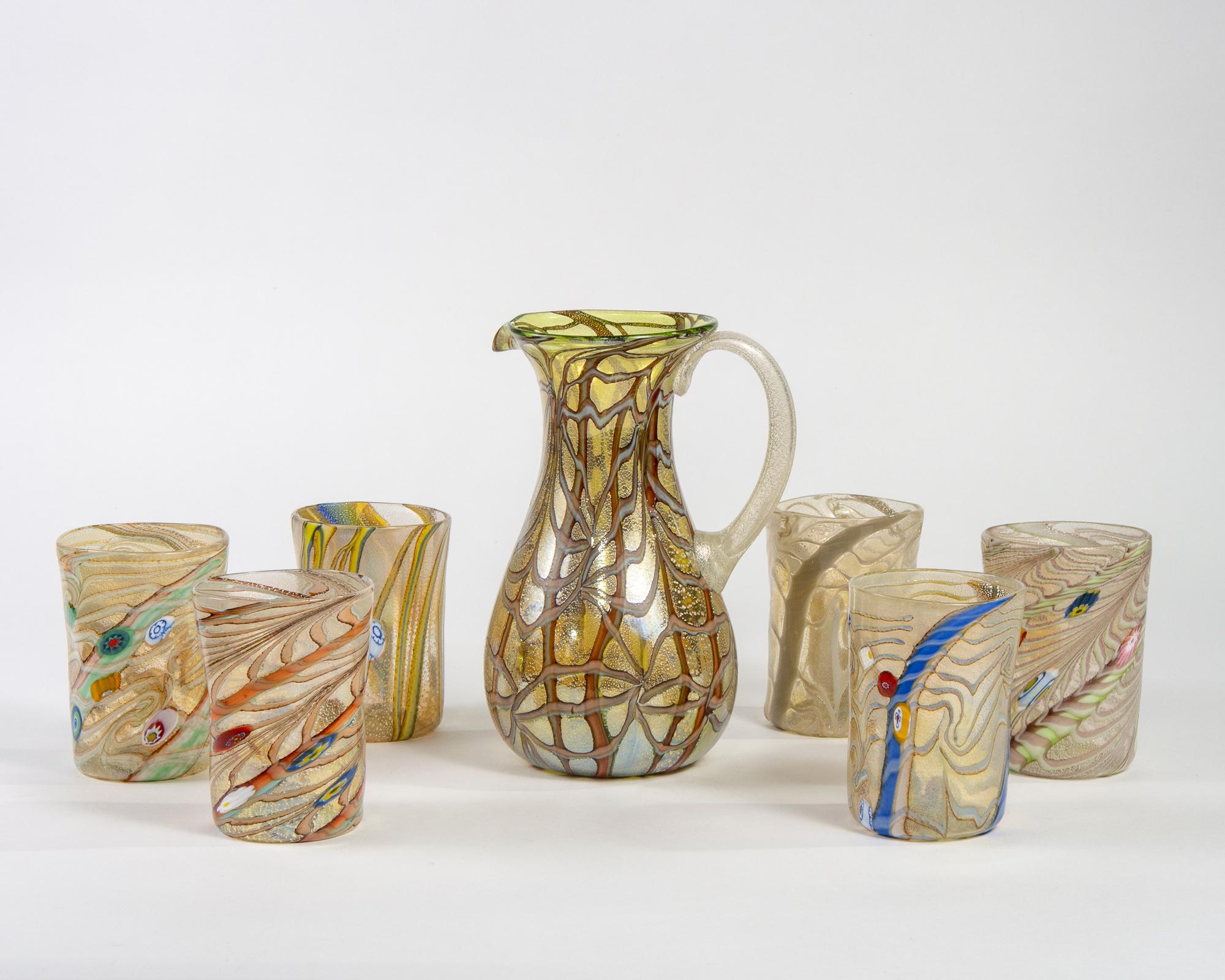 Italian Gold and Silver Murano Glass Pitcher with Six Glasses