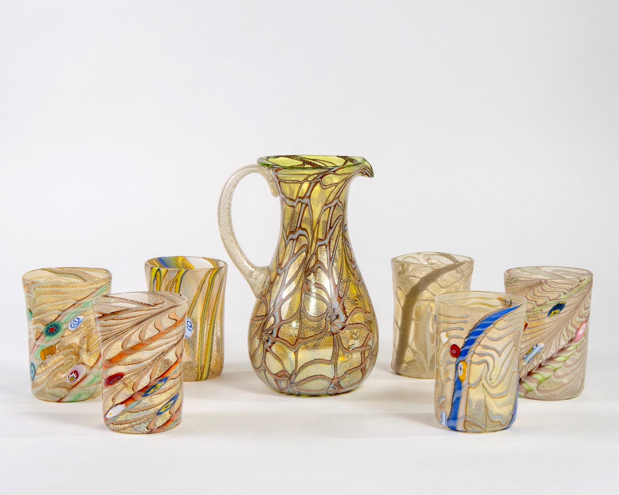 Contemporary Gold and Silver Murano Glass Pitcher with Six Glasses