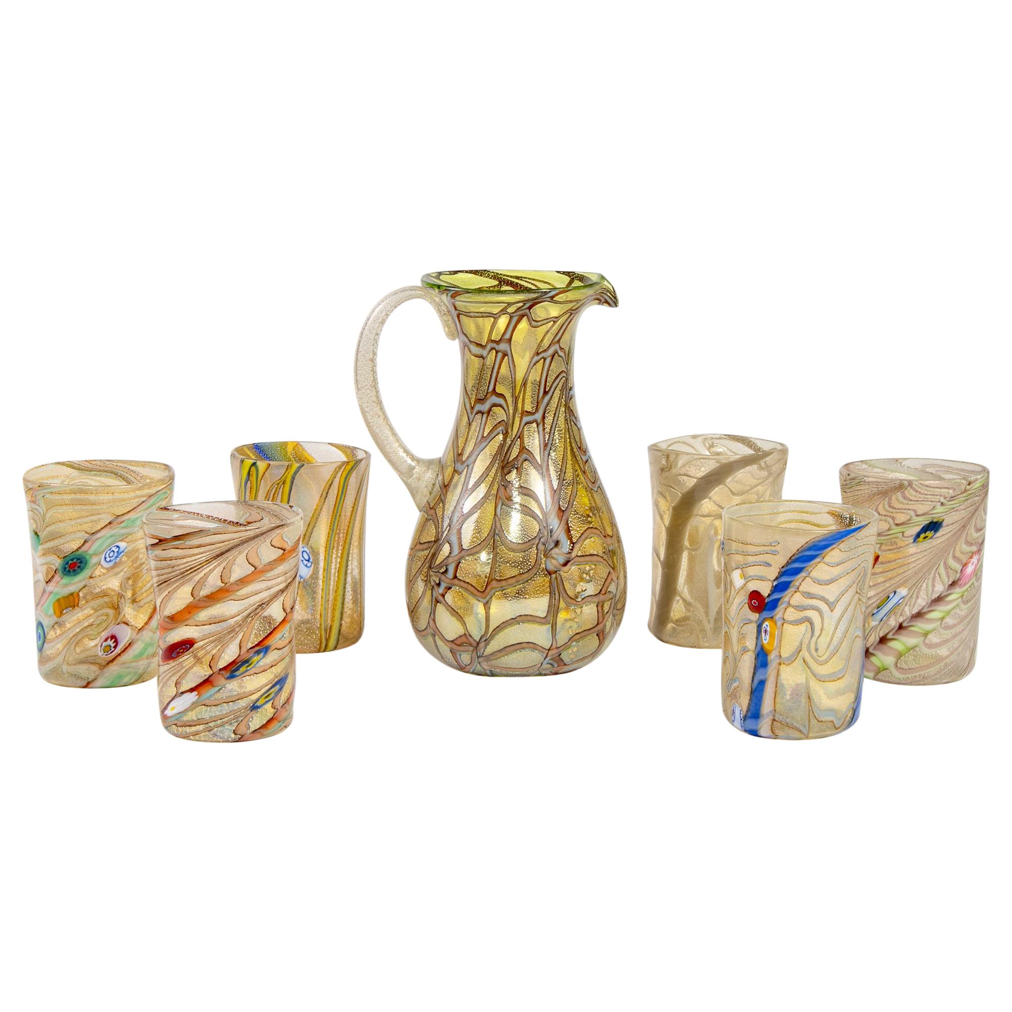 Gold and Silver Murano Glass Pitcher with Six Glasses