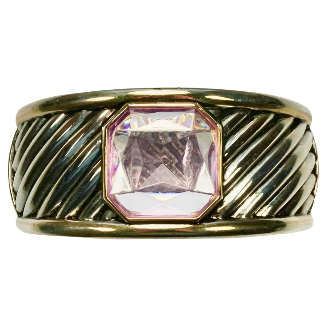Gold and Silver Plated Ridged Bangle Bracelet with Pale Amethyst Resin Stone