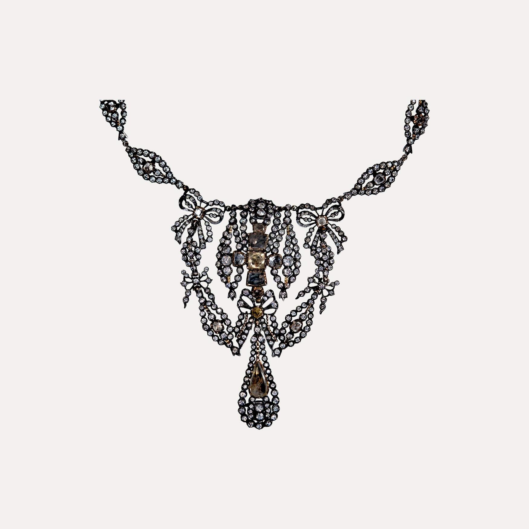 Antique Cushion Cut Antique Necklace in Gold and Silver with Quartz, Citrines and Strass For Sale