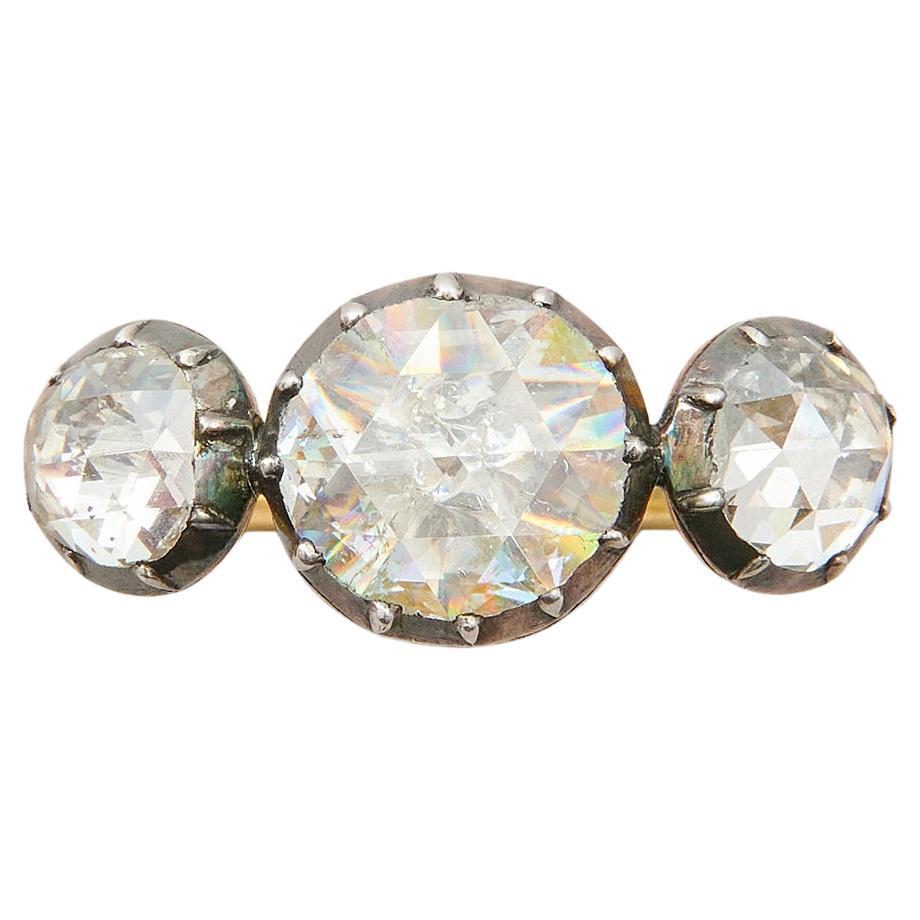 Gold and Silver Three Stone Ring with Rose Cut Diamonds For Sale