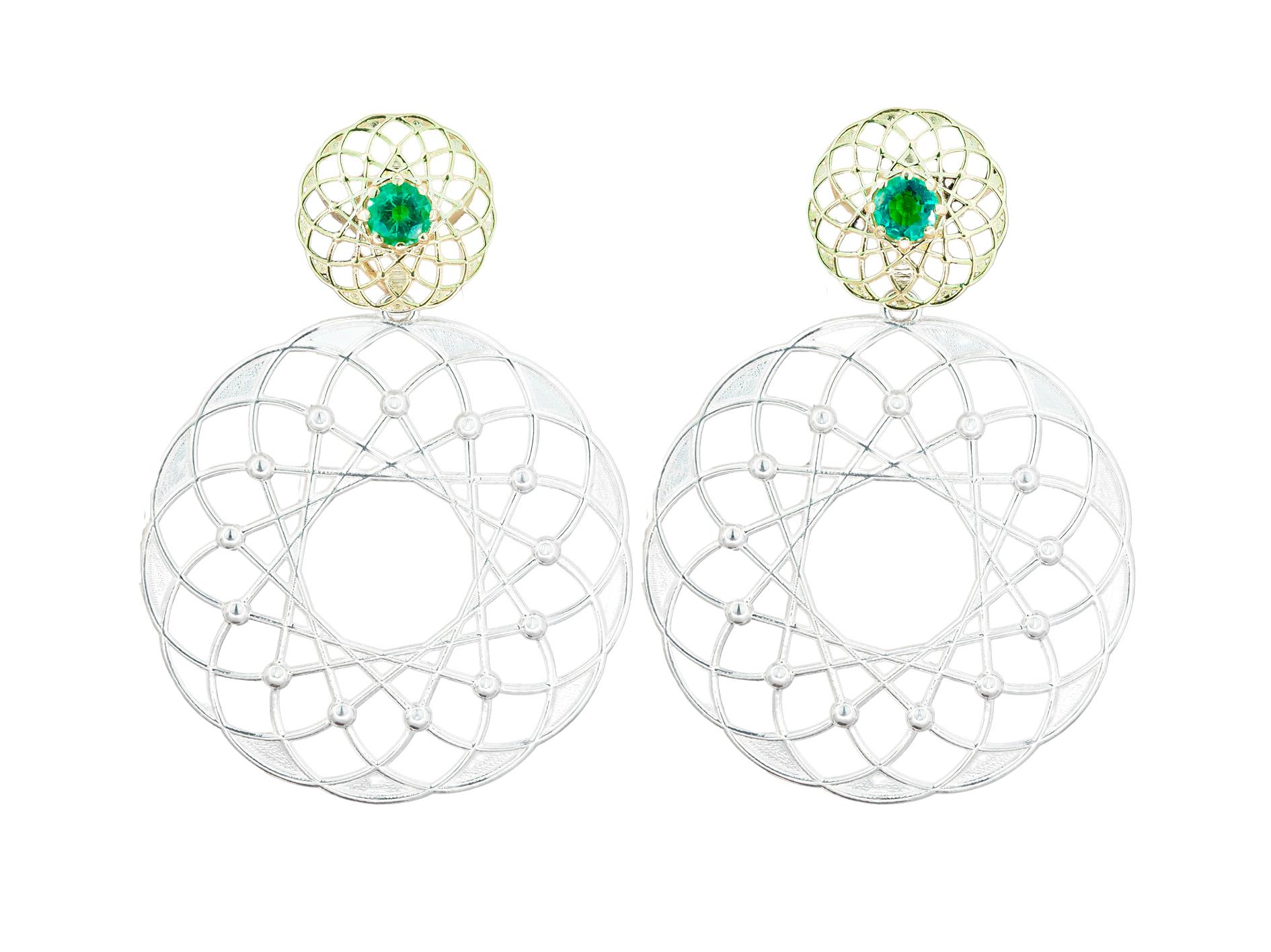Emerald earrings. Gold and Silver Transformable Earrings Studs with Emeralds For Sale 2