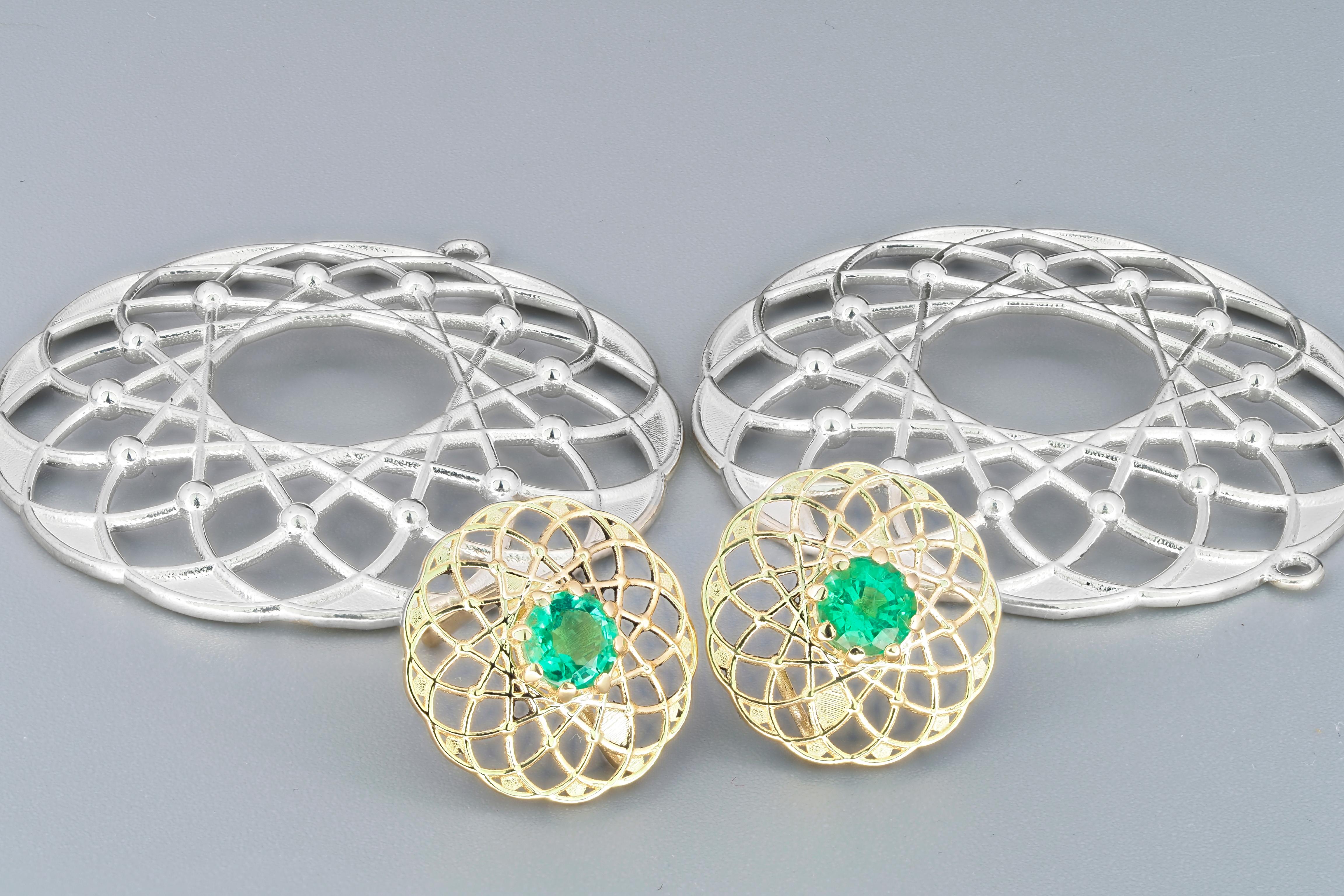 Round Cut Gold and Silver Transformable Earrings Studs with Earrings with Emeralds For Sale