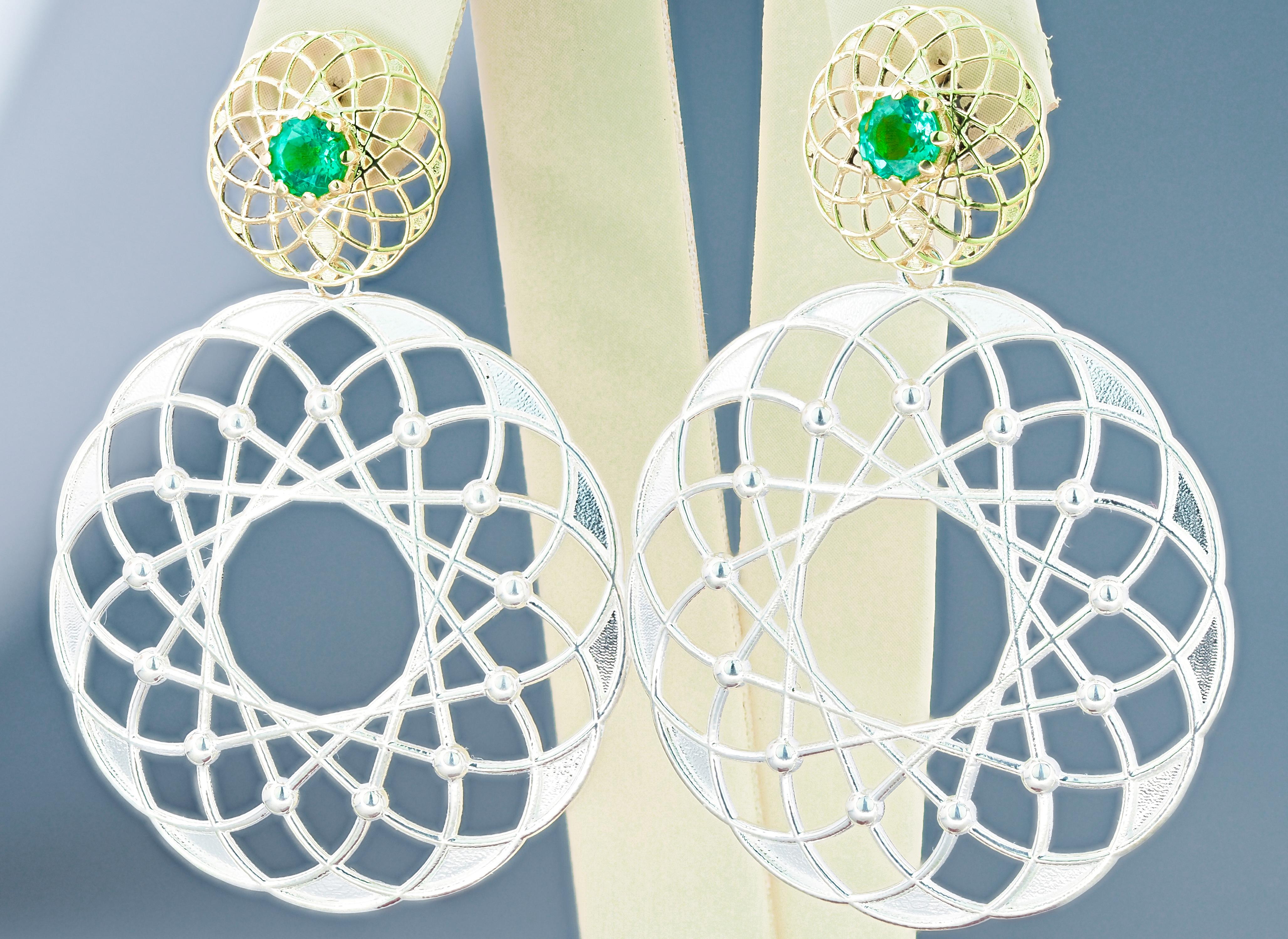 Women's Emerald earrings. Gold and Silver Transformable Earrings Studs with Emeralds For Sale
