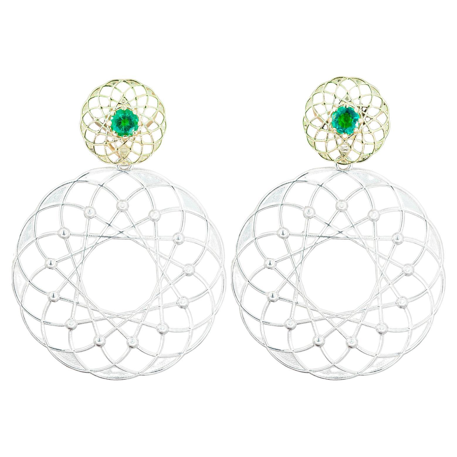 Emerald earrings. Gold and Silver Transformable Earrings Studs with Emeralds For Sale