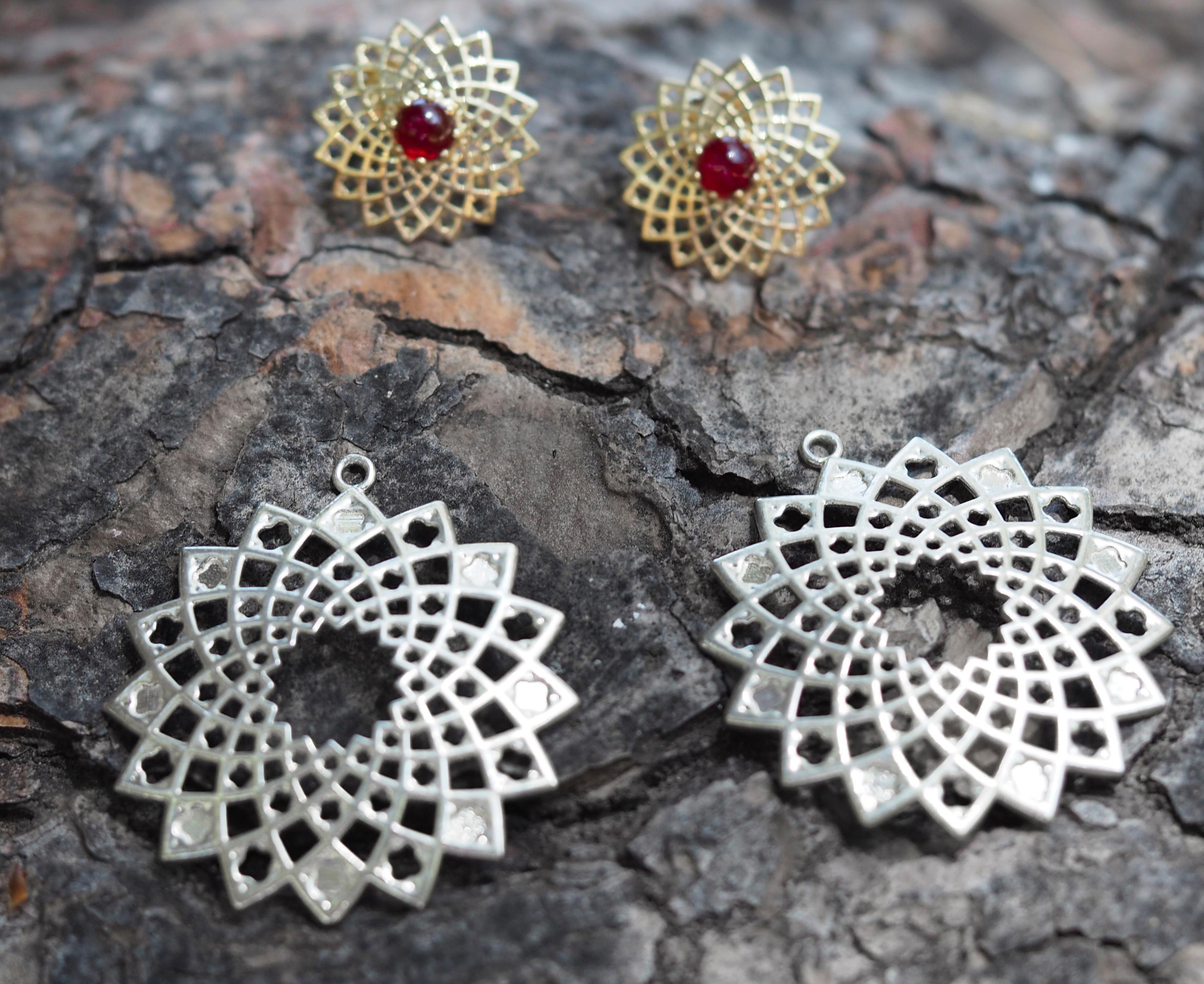 Ruby earrings. Gold and Silver Transformable Earrings Studs with Rubies For Sale 5