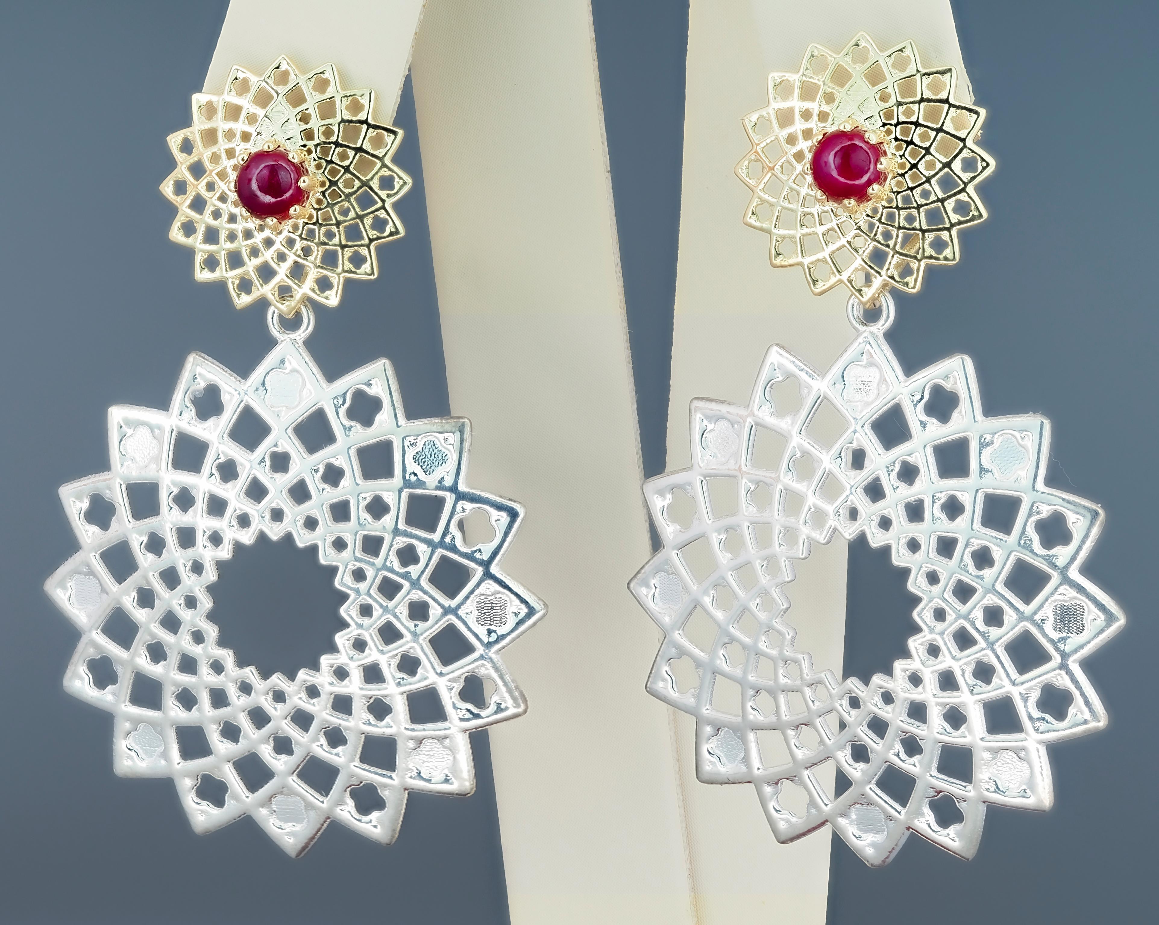 Gold and Silver transformable earrings studs with earrings with natural rubies. Different type wearing massive earrings with natural rubies - lower part removable. You can wear earring in different ways: as studs (for everyday wear ring) and as a