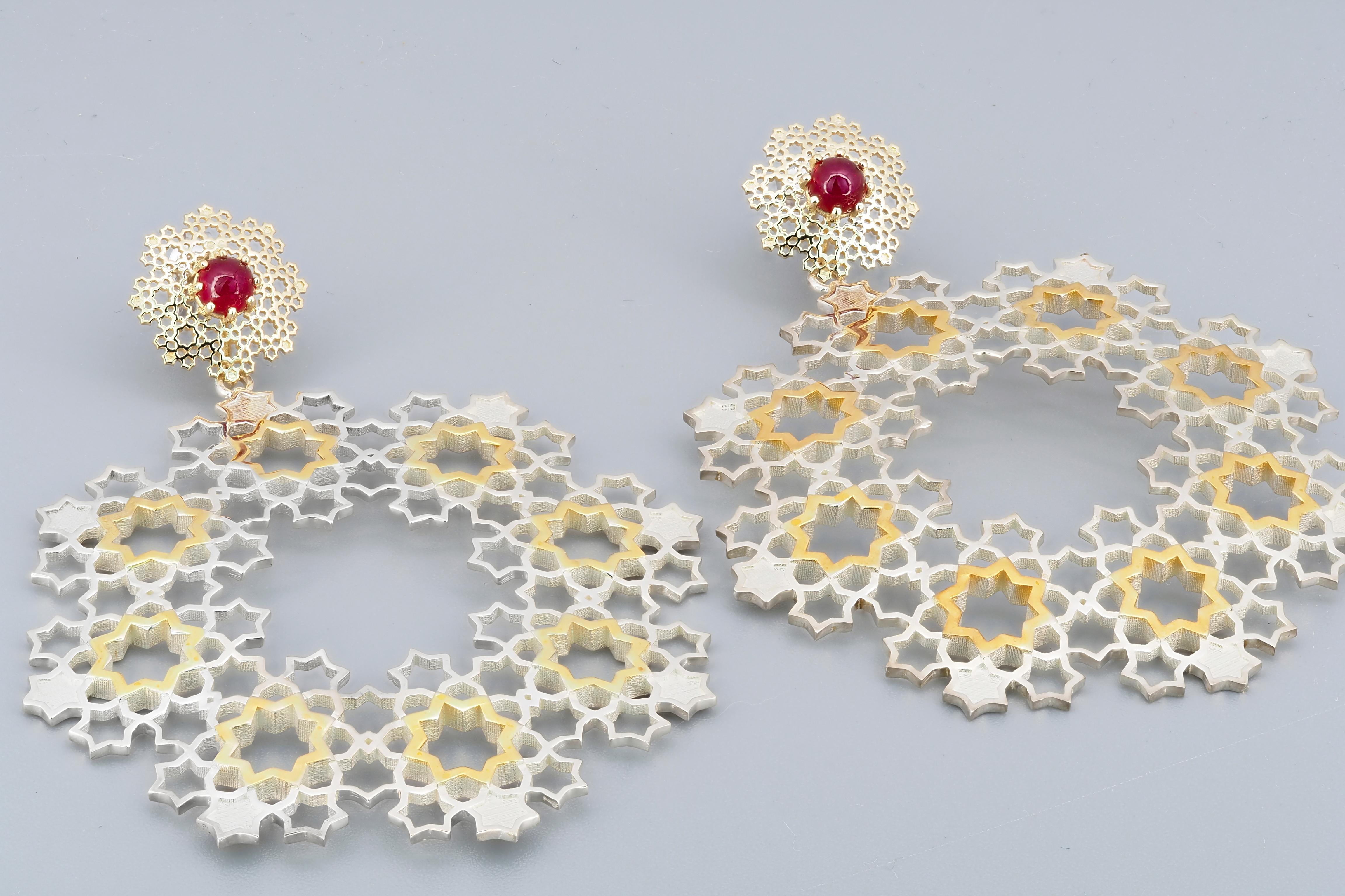 Solid Gold and Silver transformable earrings studs with earrings with natural rubies. Different type wearing massive earrings with natural rubies - lower part removable. You can wear earring in different ways: as studs (for everyday wear ring) and
