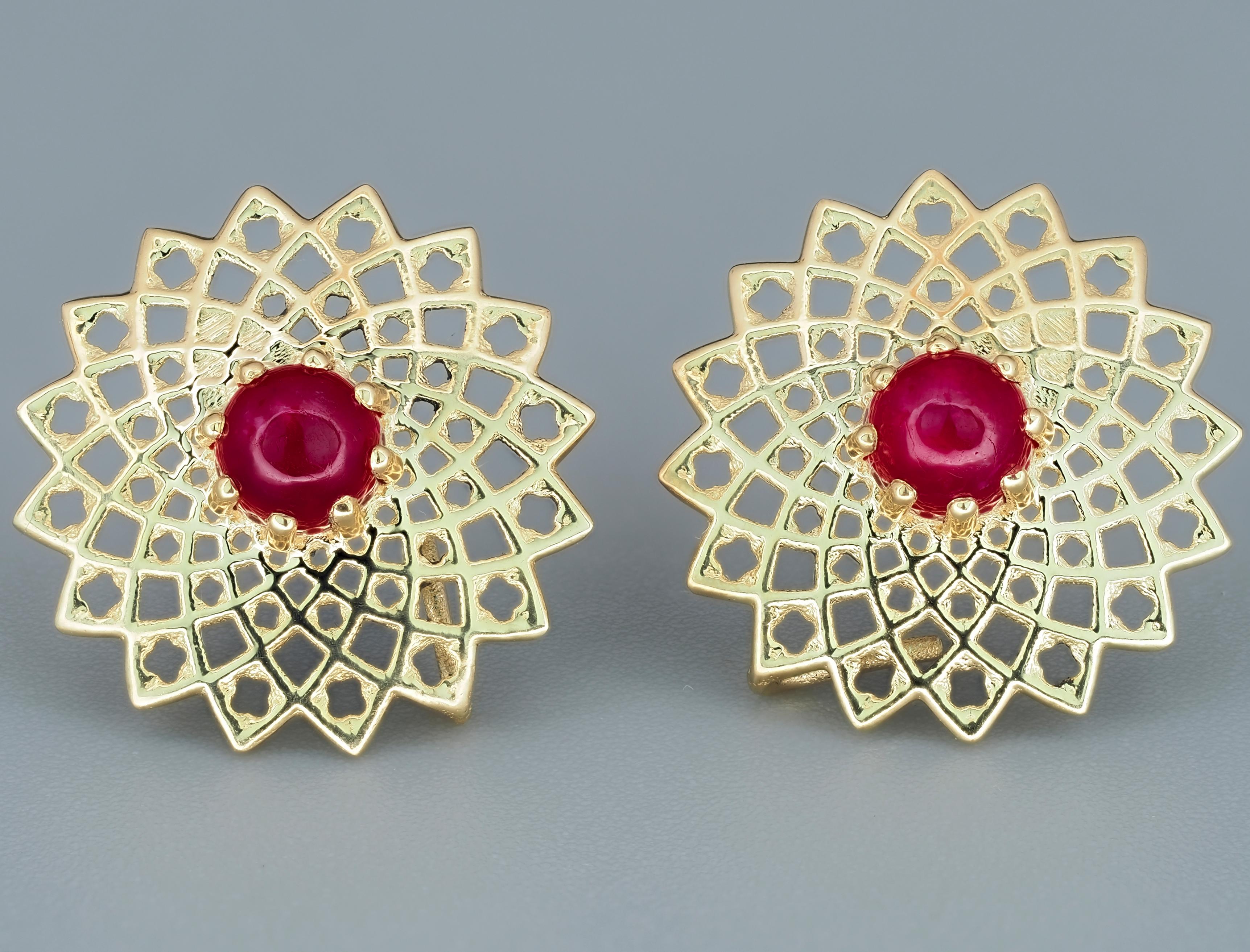 Round Cut Ruby earrings. Gold and Silver Transformable Earrings Studs with Rubies For Sale