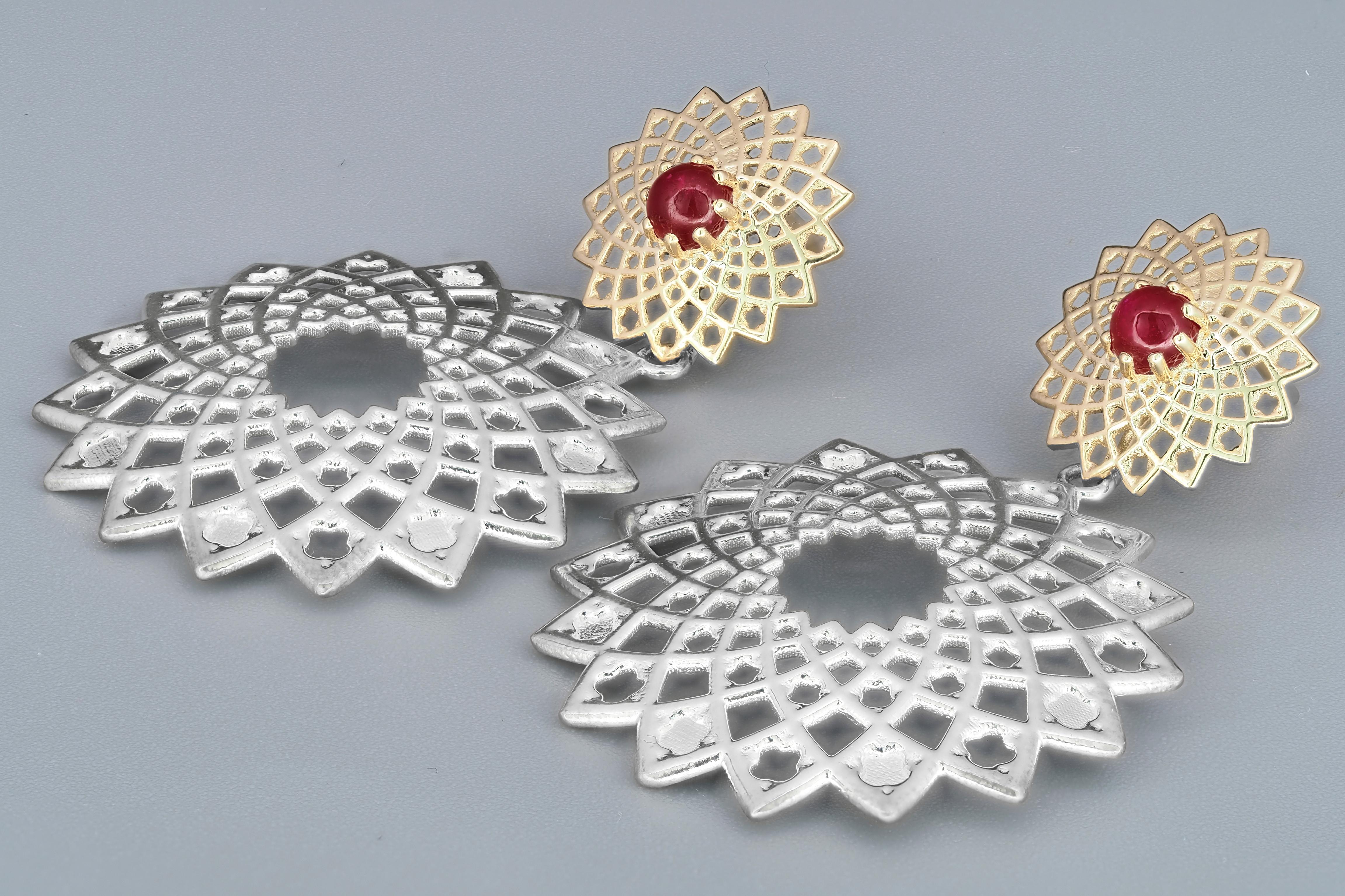 Women's Ruby earrings. Gold and Silver Transformable Earrings Studs with Rubies For Sale