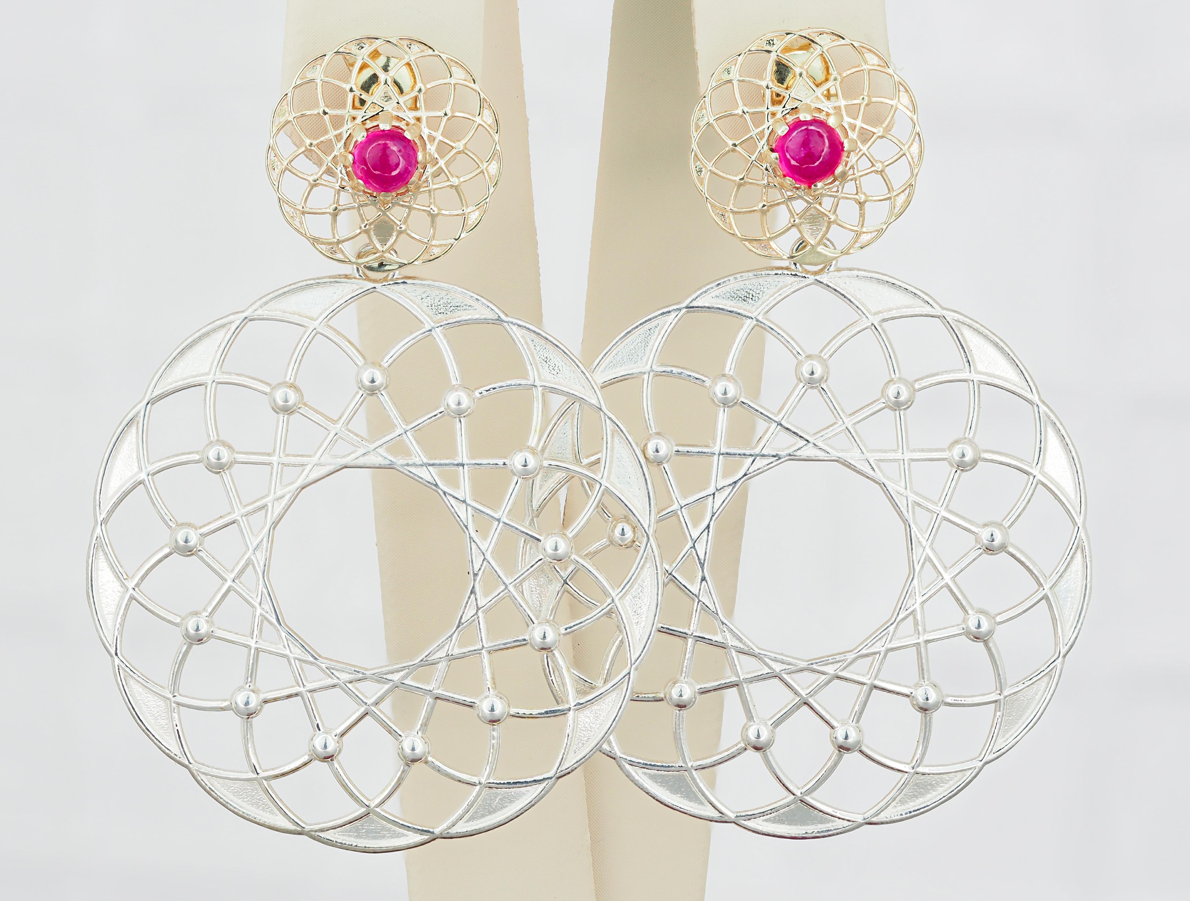 Round Cut Gold and Silver Transformable Earrings Studs with Earrings with Rubies For Sale