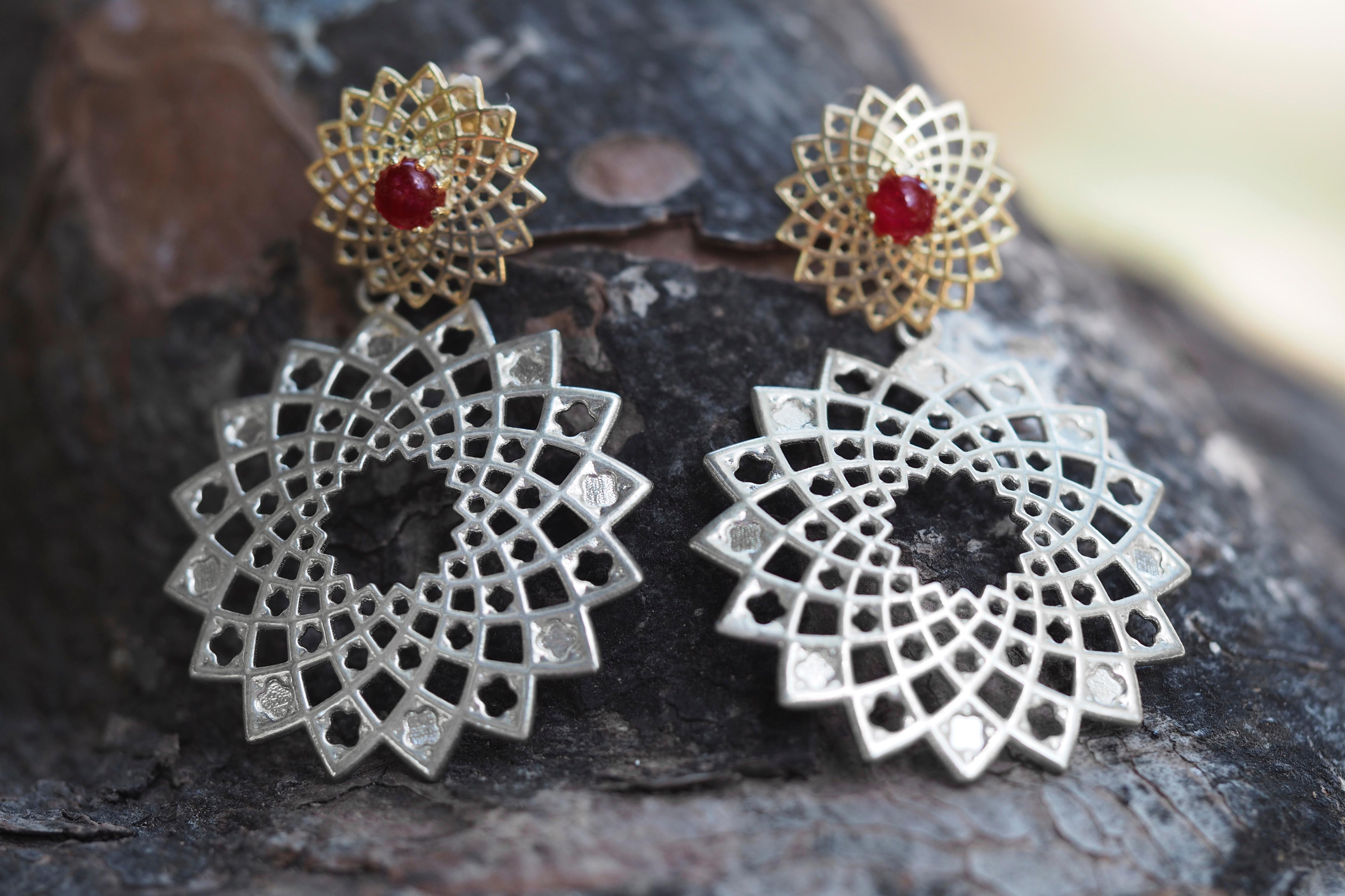 Ruby earrings. Gold and Silver Transformable Earrings Studs with Rubies For Sale 2