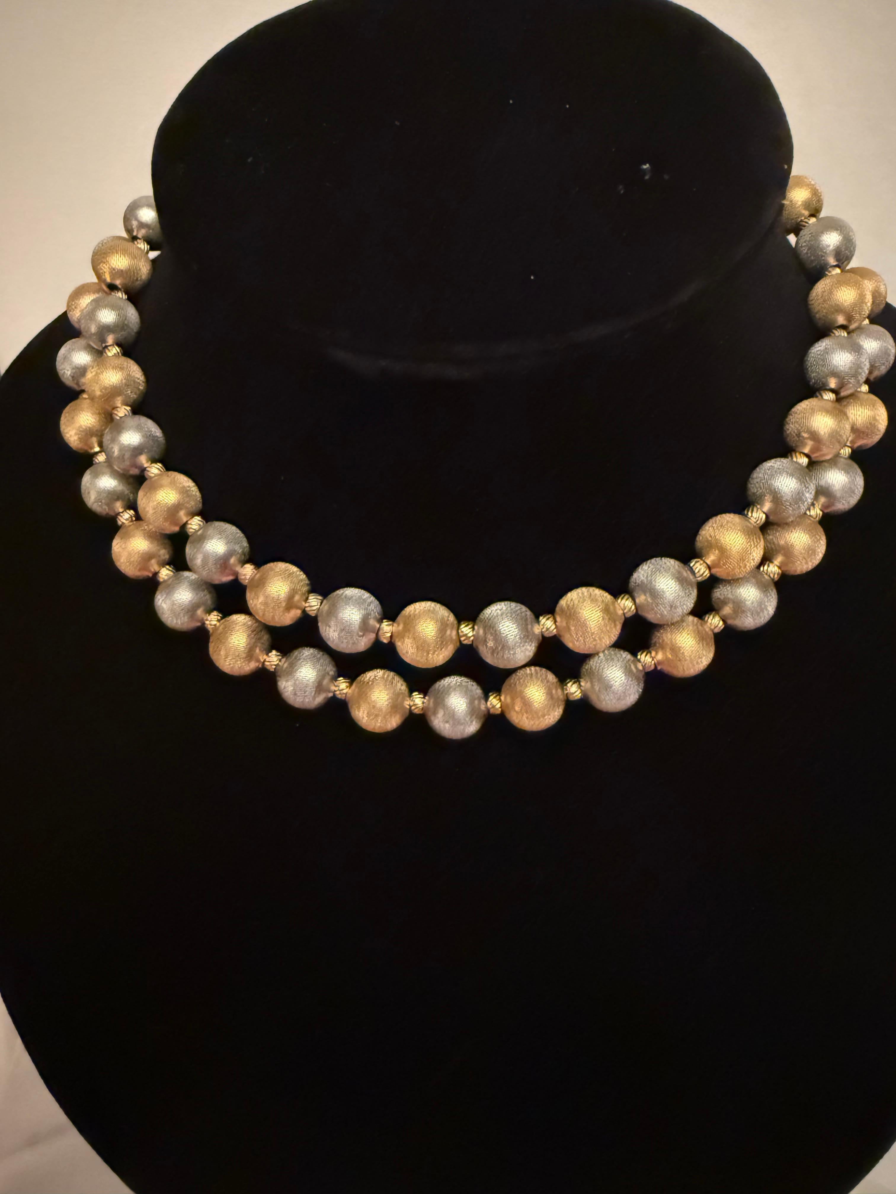 Brilliant vintage metal beads on metal chain. These are really very attractive textured plated metal beads in gold and silver tones. 

Well made vintage costume alternating gold and silver beads. These look remarkably fresh with little to no signs