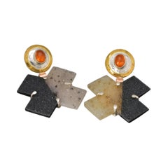 22 Karat Gold and Silver with Agate and Mandarin Garnet Cross Earrings