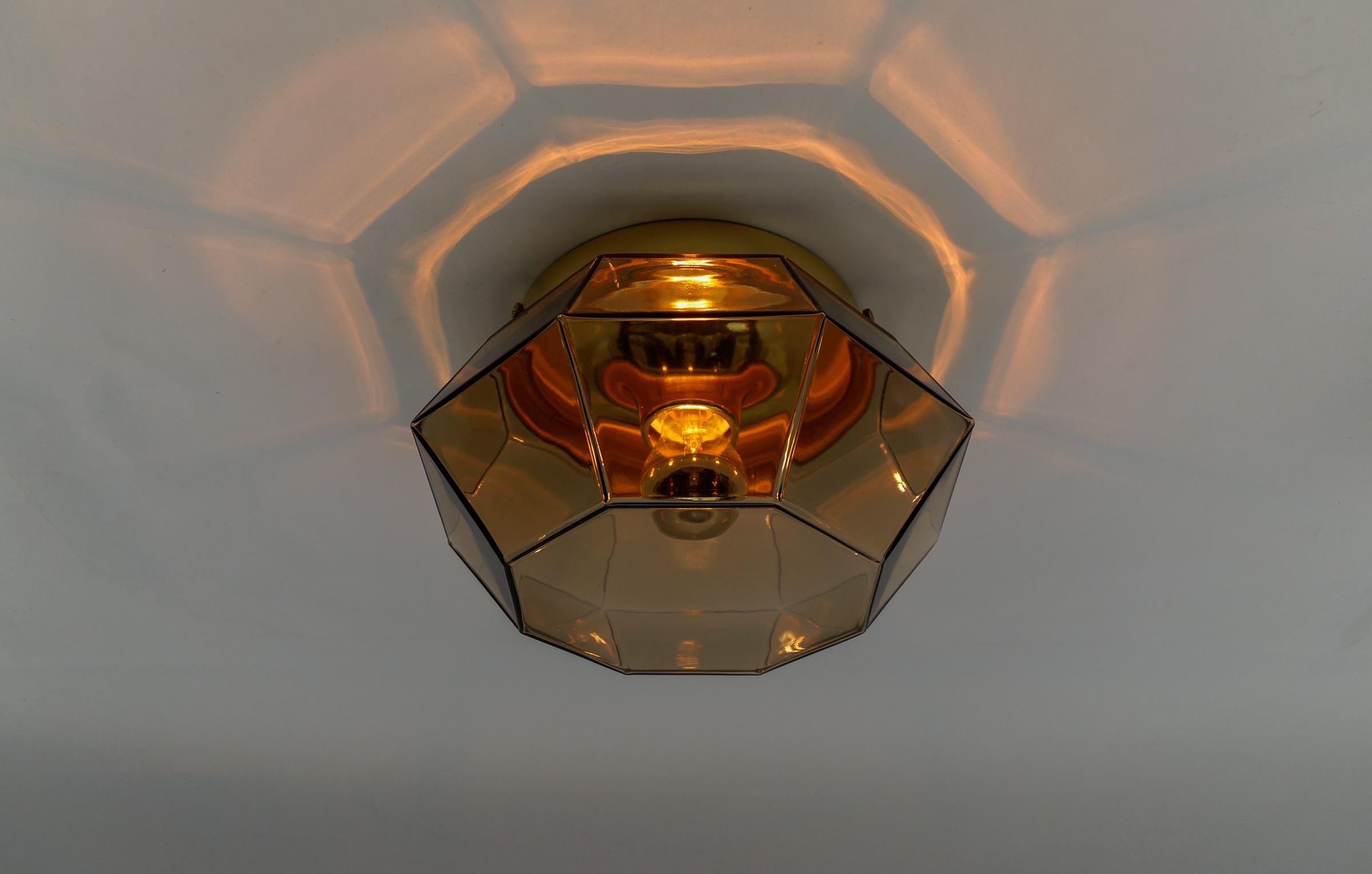 Gold and Smoked Glass Flush Mount by Limburg, Germany 1960s In Good Condition For Sale In Nürnberg, Bayern
