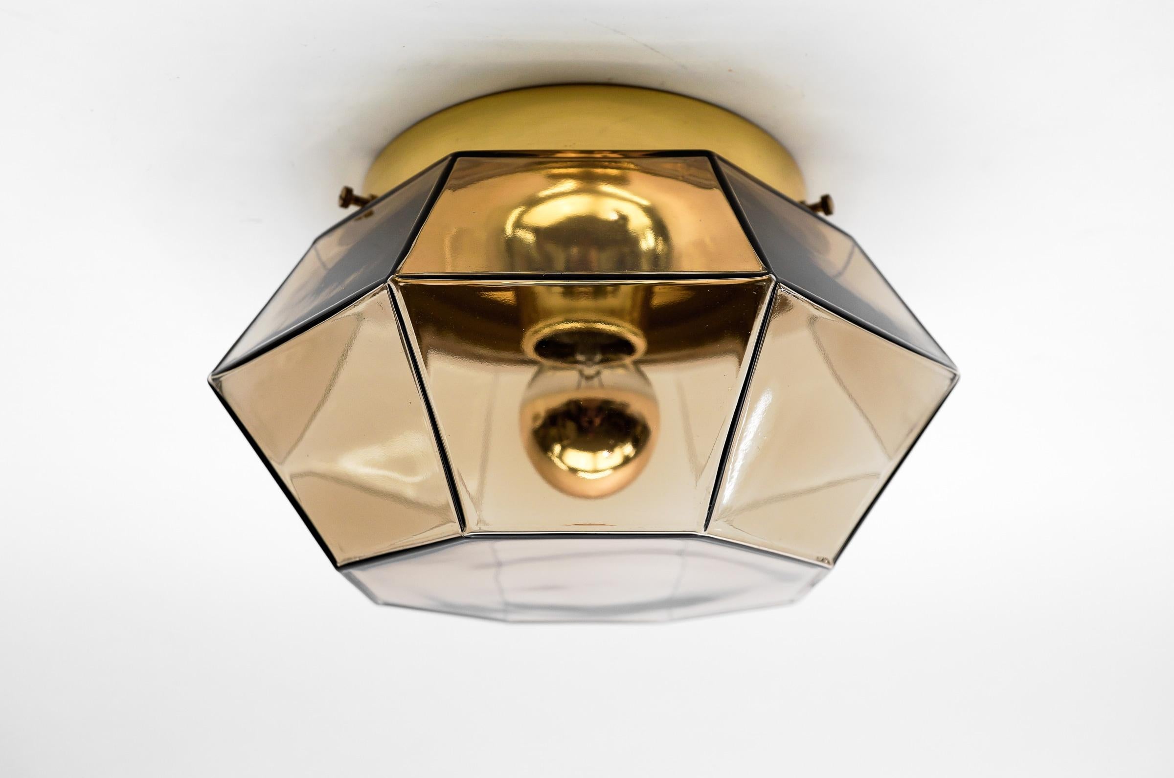 Mid-20th Century Gold and Smoked Glass Flush Mount by Limburg, Germany 1960s For Sale