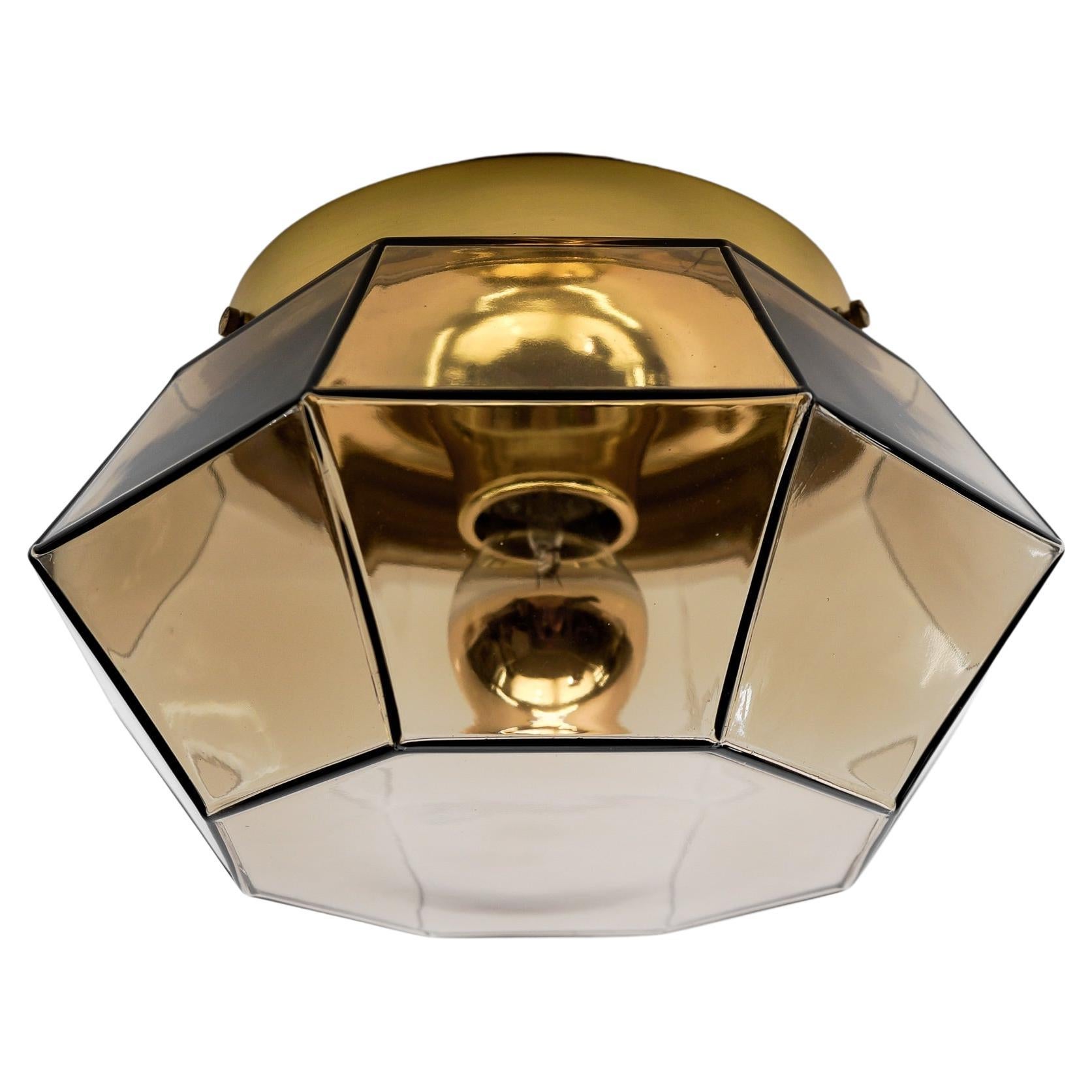 Gold and Smoked Glass Flush Mount by Limburg, Germany 1960s For Sale