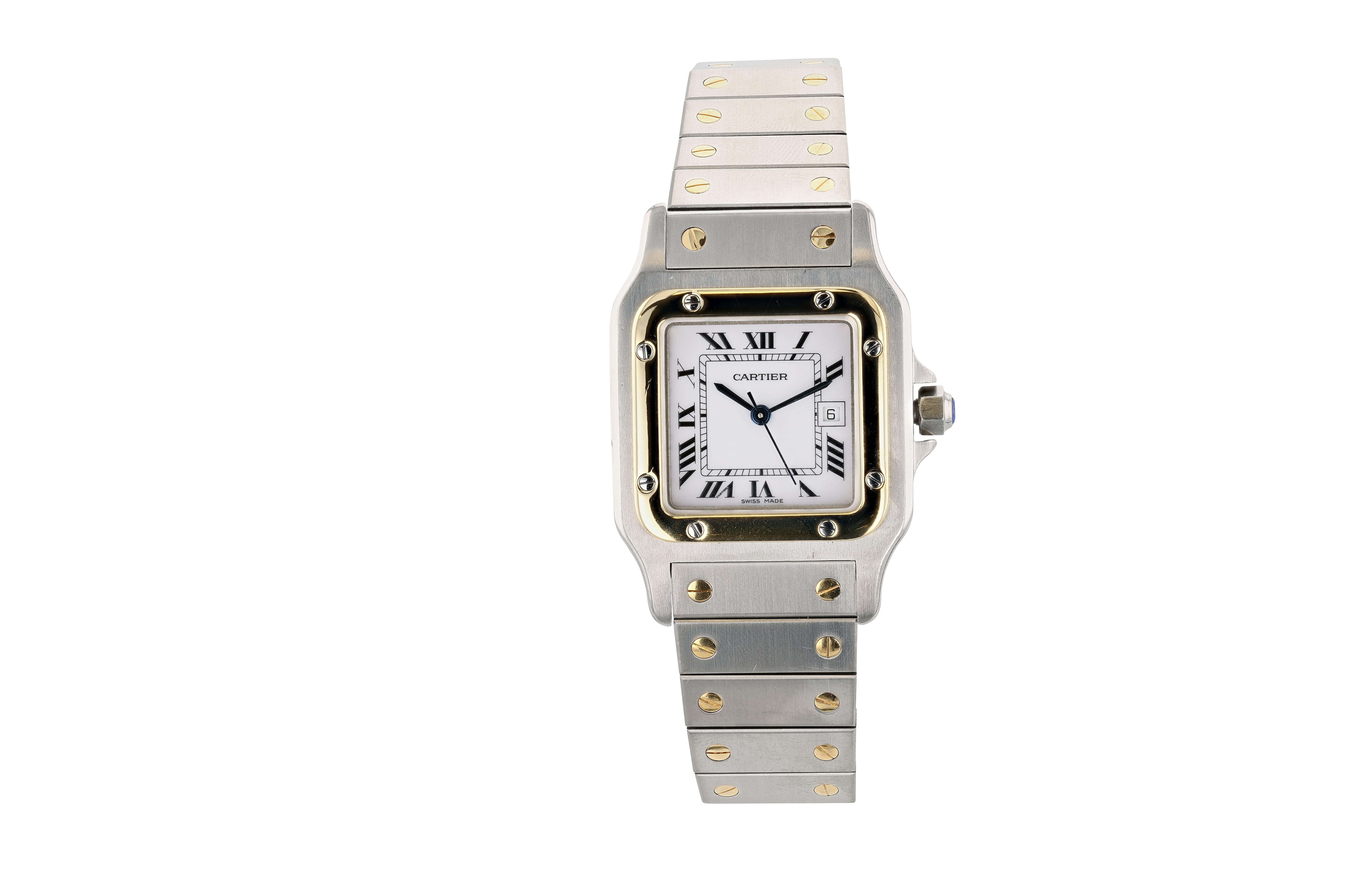 Une très recherchée Cartier Santos Carrée vintage en or jaune 18 carats et acier inoxydable dans un boîtier de 29 mm doté d'un mouvement automatique alimentant les fonctions d'heure et de date, le guichet de la date étant présent à 3 heures. Le