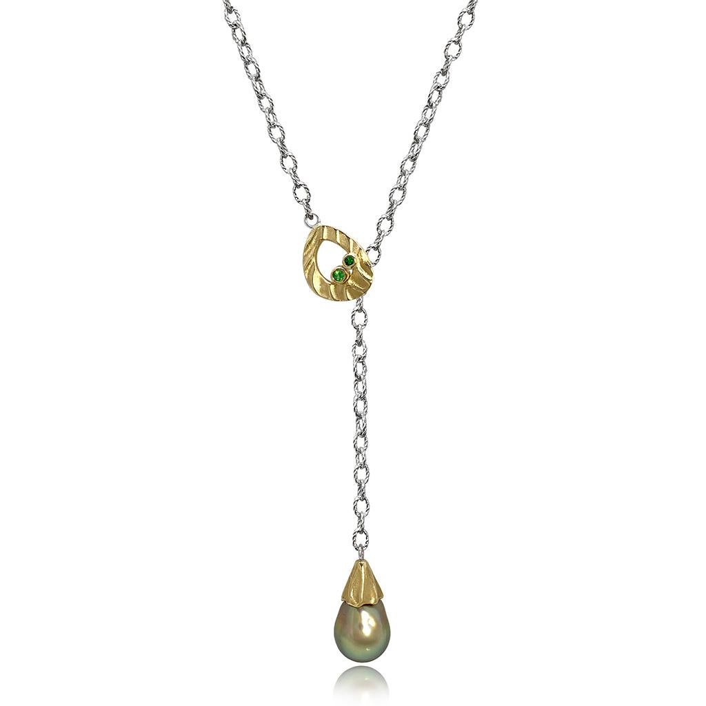 Pear Cut Gold and Sterling Silver Tahitian Pearl Lariat with Green Garnet Accents    For Sale