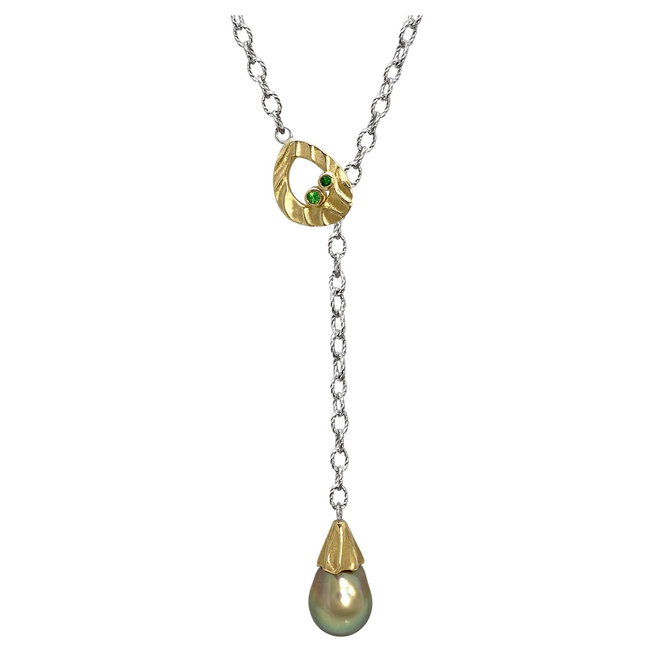 Gold and Sterling Silver Tahitian Pearl Lariat with Green Garnet Accents    For Sale
