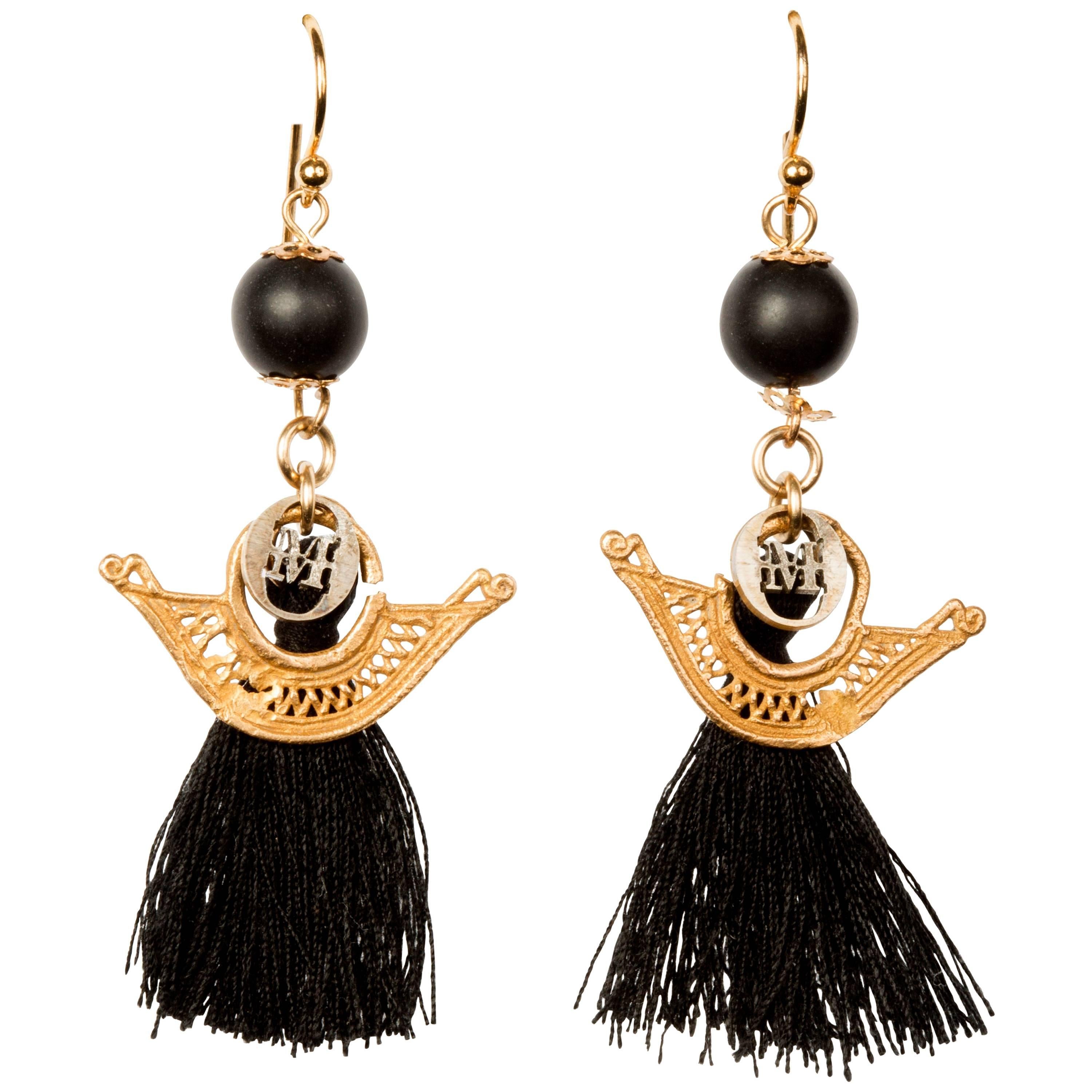 Gold and Tassel Earrings For Sale