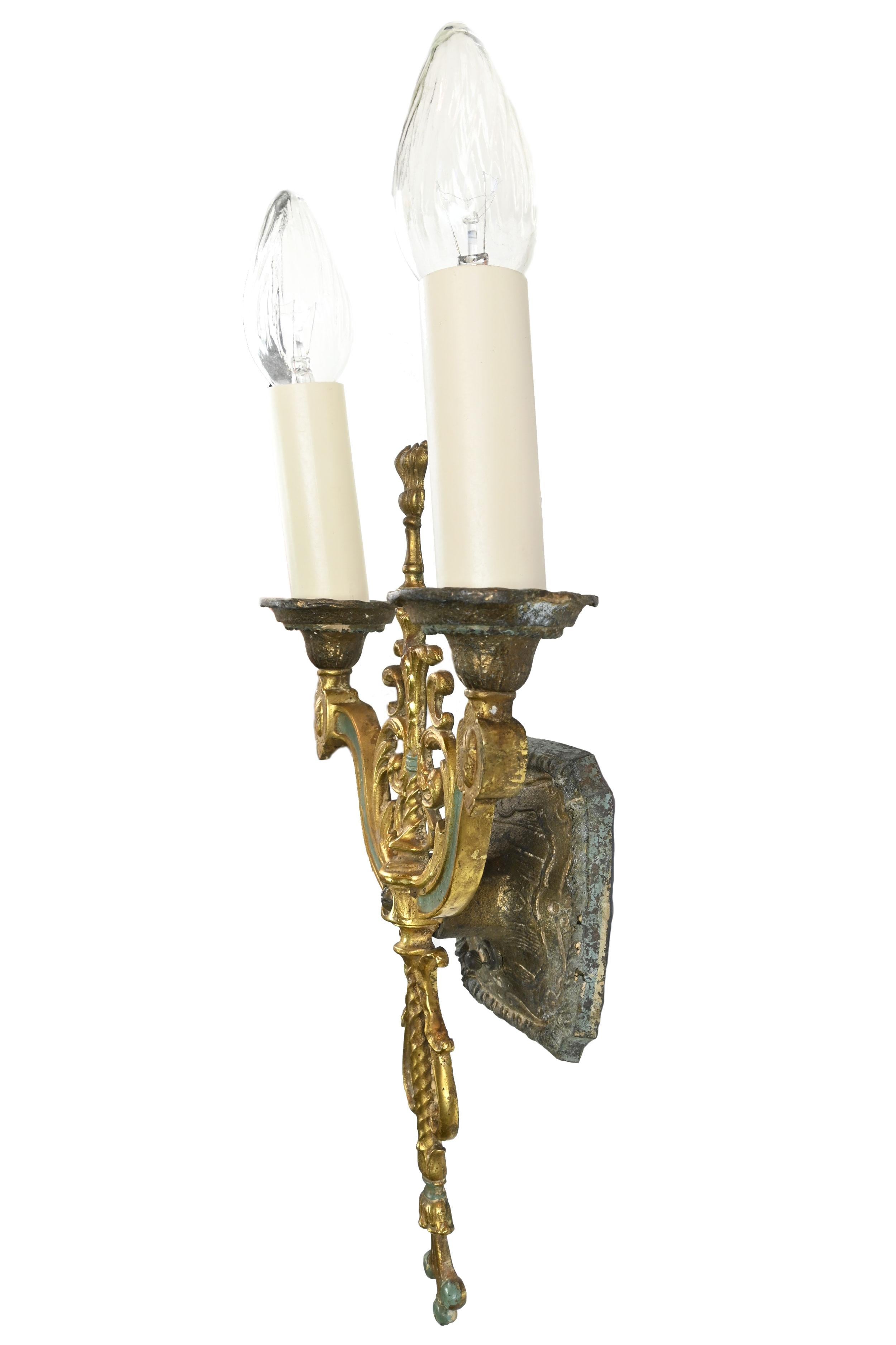 American Empire Gold and Teal Two Candle Brass Sconce