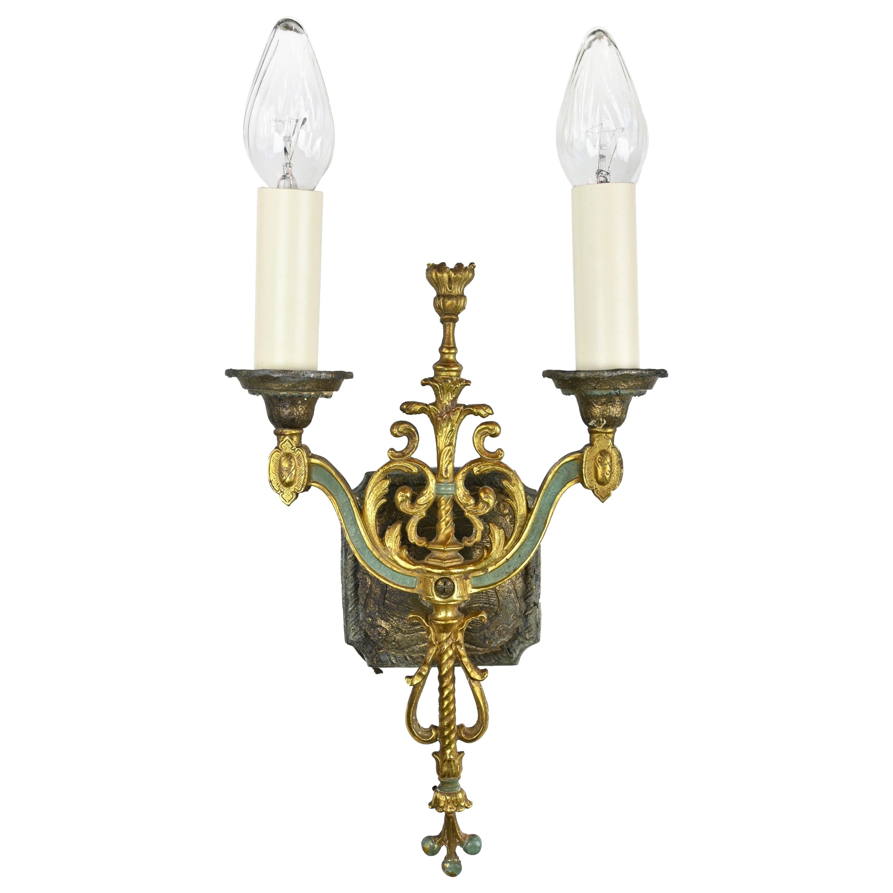 Gold and Teal Two Candle Brass Sconce