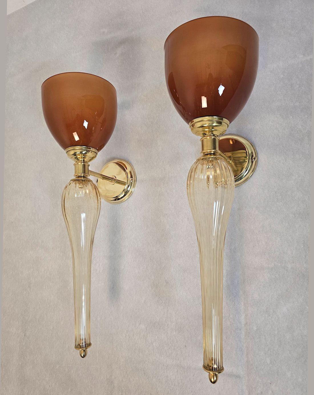 Coppia di appliques in vetro di Murano della metà del secolo scorso, Italia, anni '90 circa.
La coppia di appliques italiane è composta da elementi in vetro trasparente e oro, terracotta e Murano.
I supporti sono in ottone lucido.
Il vetro