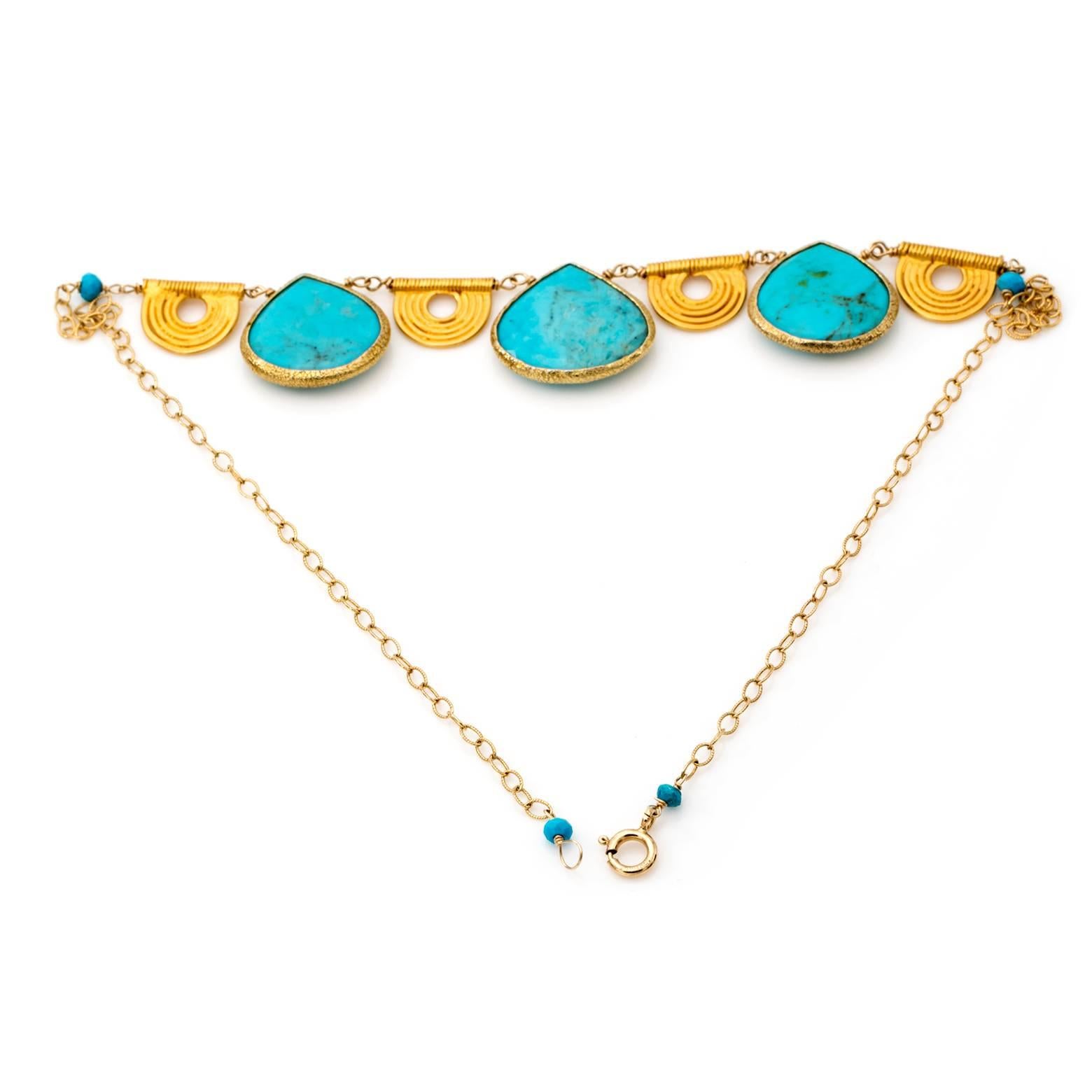 Contemporary Gold and Turquoise Collar Necklace with Tribal Gold Accents