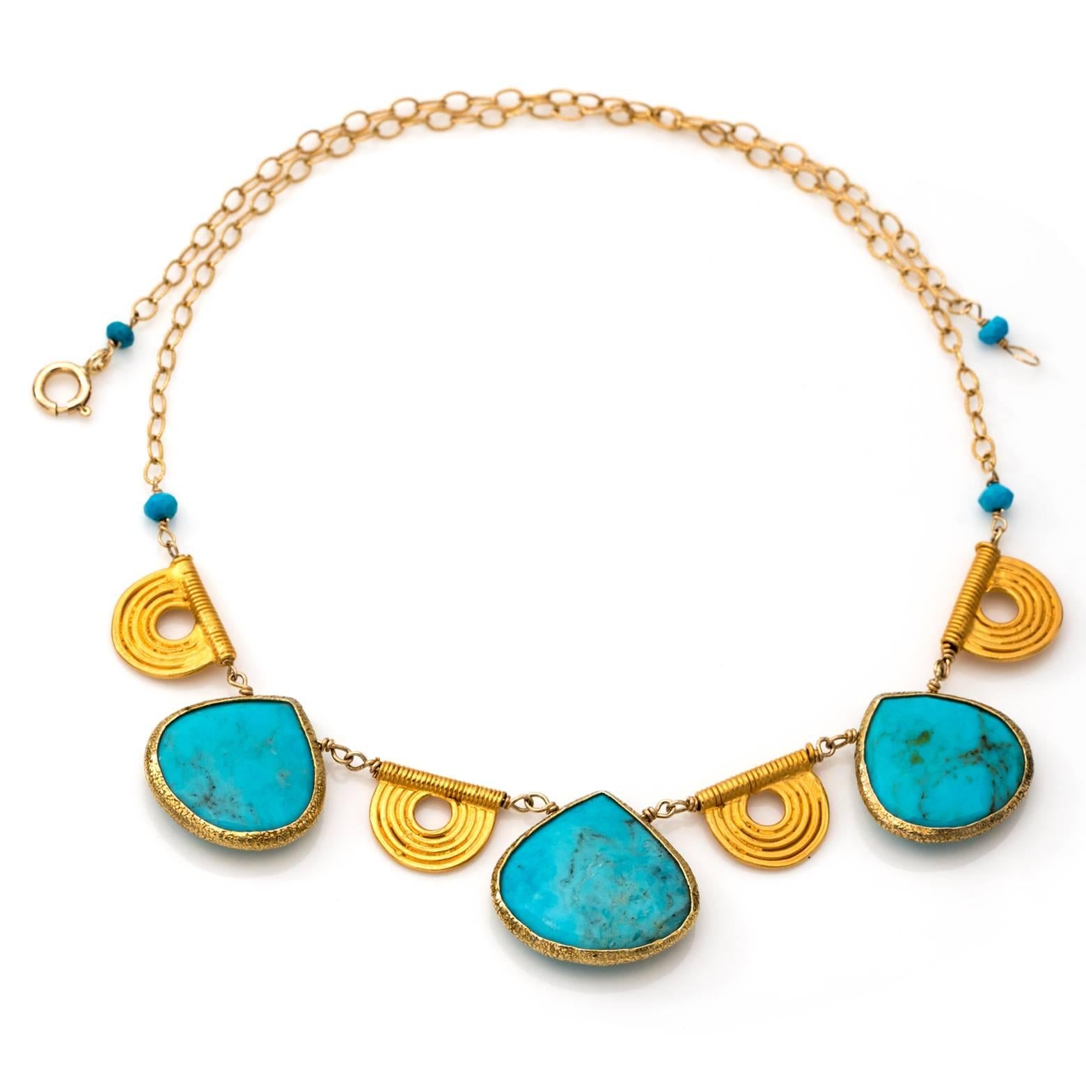 Gold and Turquoise Collar Necklace with Tribal Gold Accents In Excellent Condition In Berkeley, CA