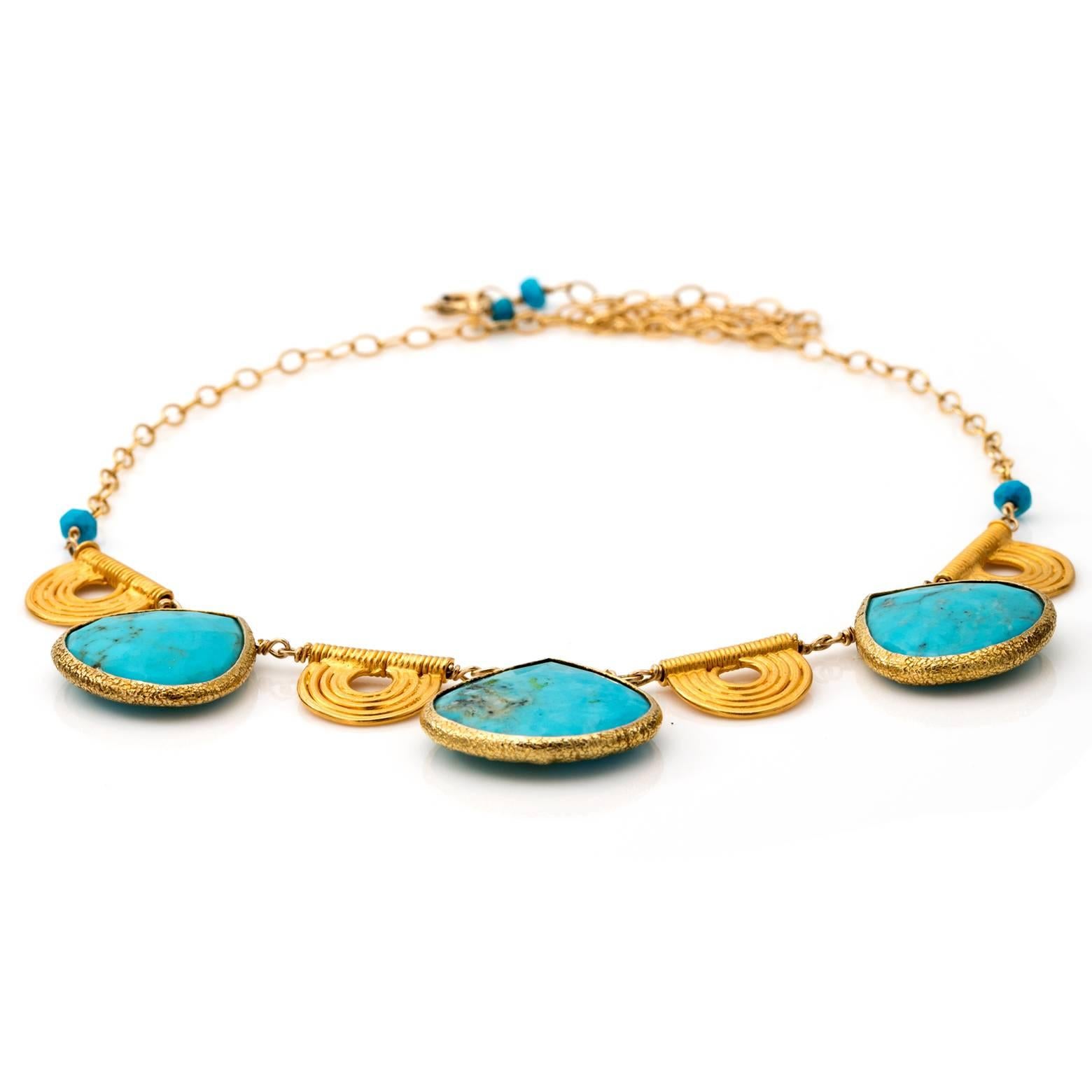 Women's or Men's Gold and Turquoise Collar Necklace with Tribal Gold Accents