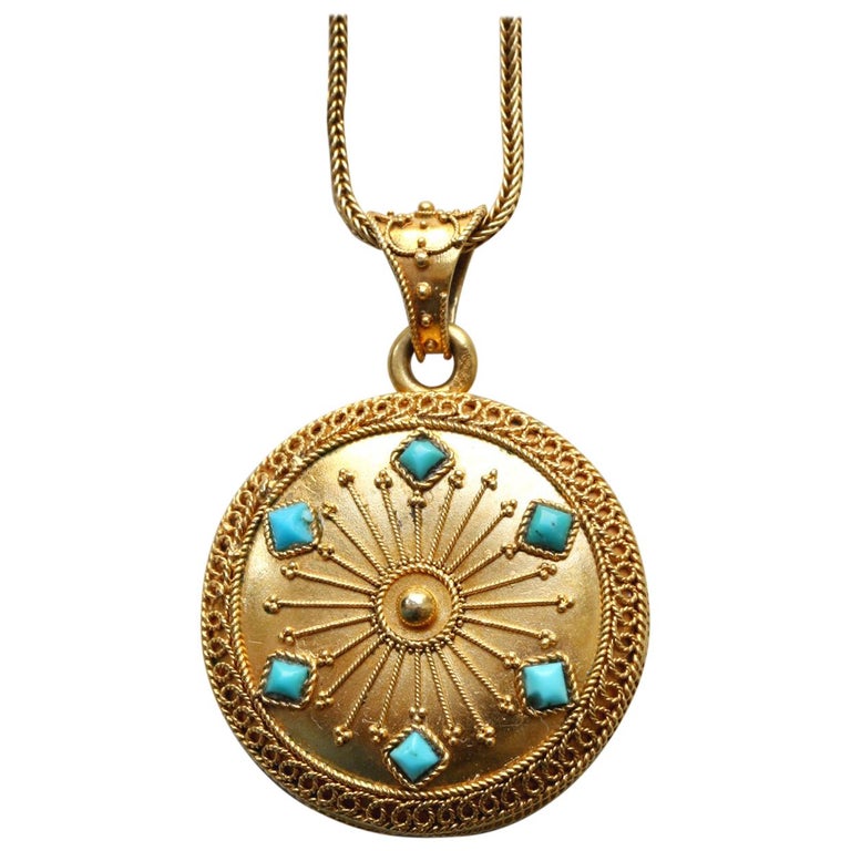 Gold and Turquoise Locket on a Gold Chain at 1stdibs