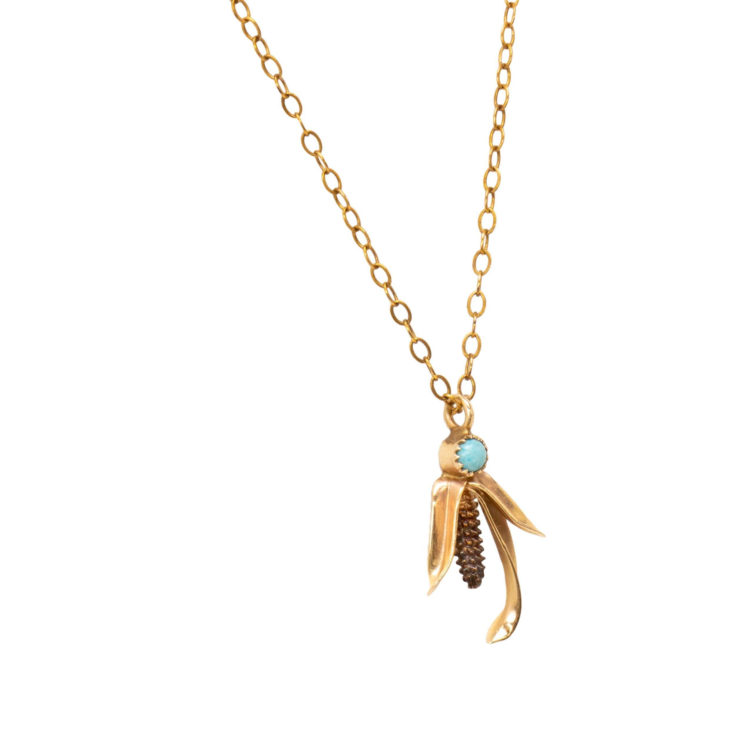 Matching 14k yellow gold and Sleeping Beauty turquoise necklace and earring set in form of detailed beetles, or ears of corn. Earrings with traditional post backs. Stamped 14K. Petit and delicate on lightweight chain. 18
