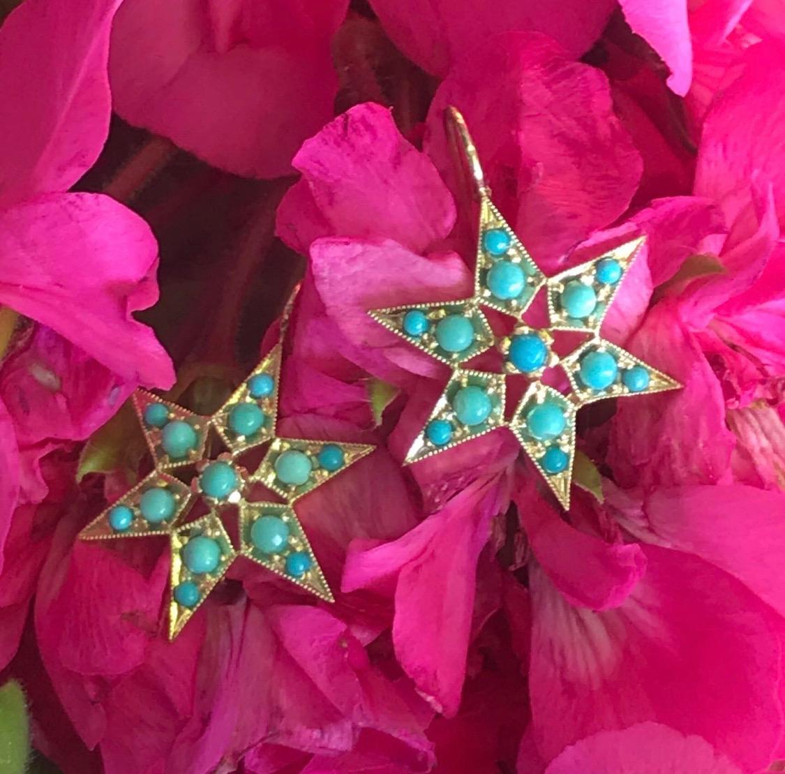 Artist Gold and Turquoise Star Earrings, Sleeping Beauty, Yellow Gold 