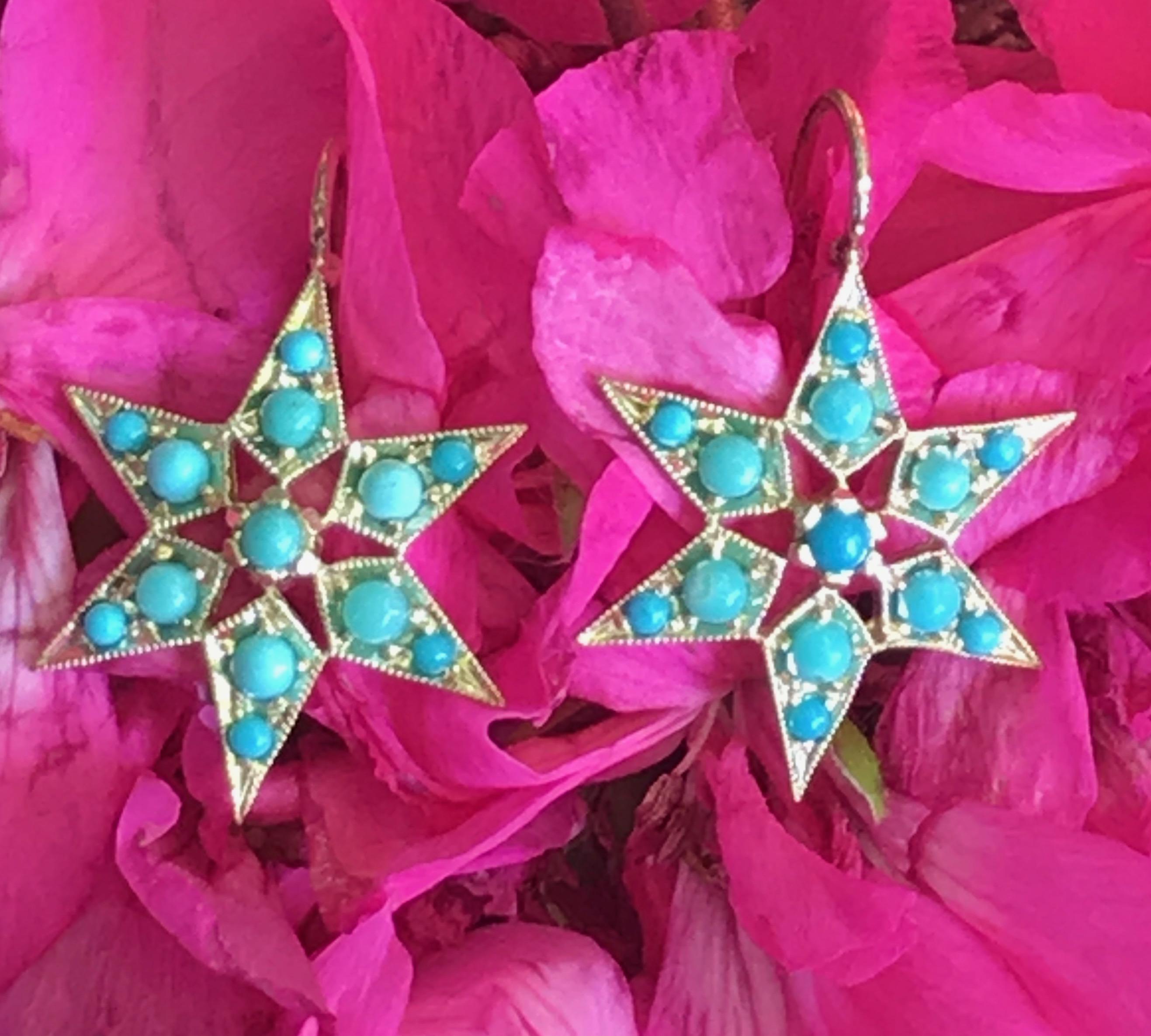Round Cut Gold and Turquoise Star Earrings, Sleeping Beauty, Yellow Gold 