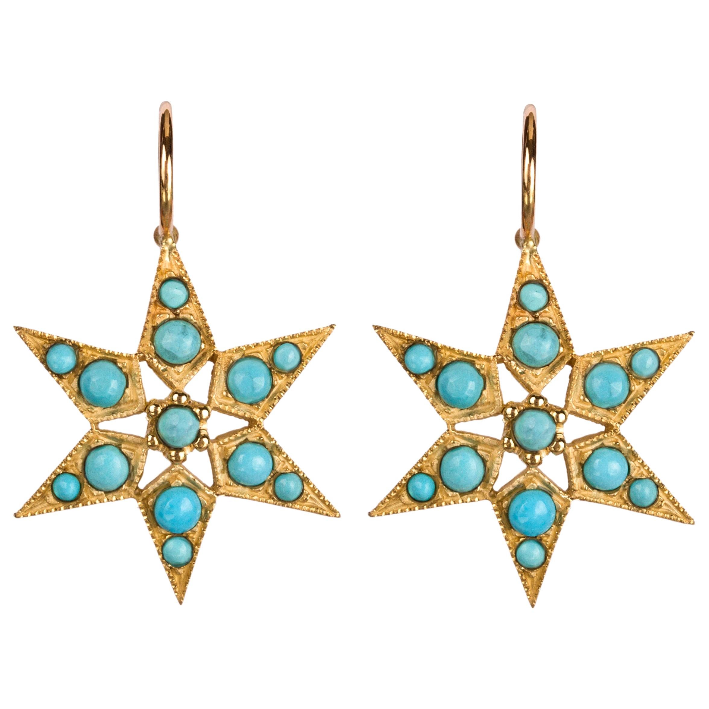 Gold and Turquoise Star Earrings, Sleeping Beauty, Yellow Gold 
