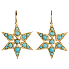Gold and Turquoise Star Earrings, Sleeping Beauty, Yellow Gold