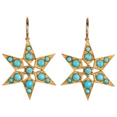 Gold and Turquoise Star Earrings, Sleeping Beauty, Yellow Gold 