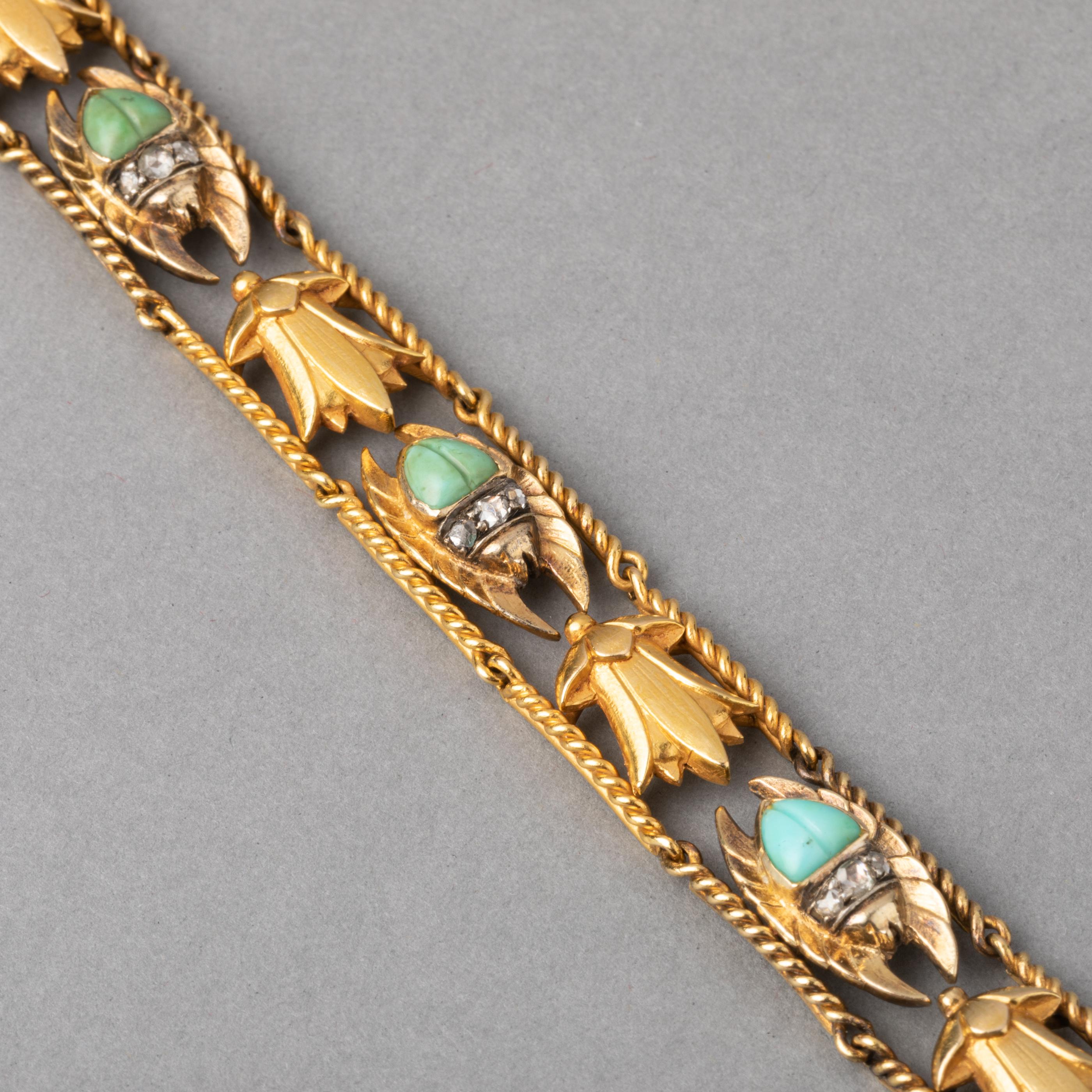 Gold and Turquoises Antique French Egyptian Revival Bracelet For Sale 2